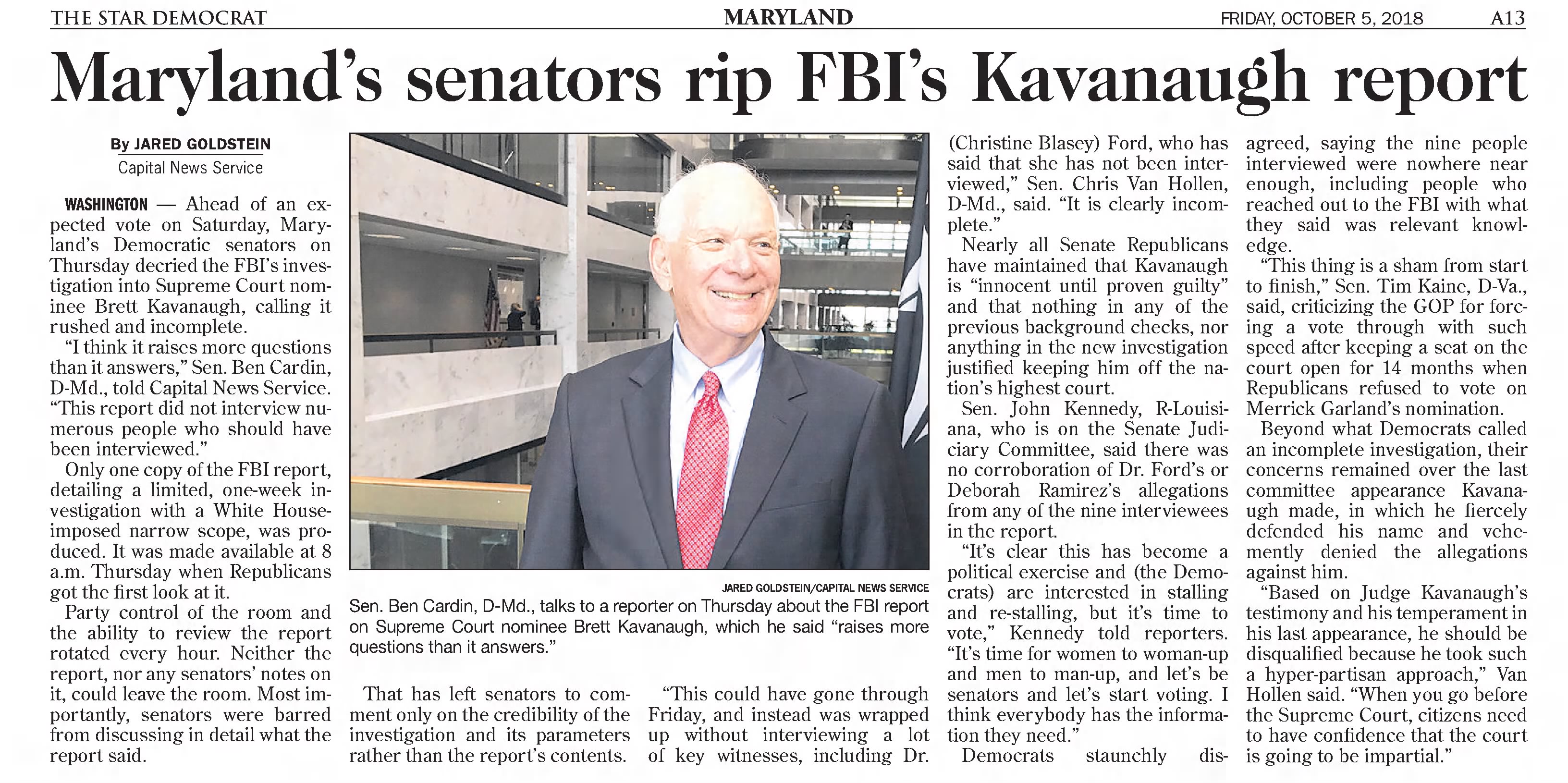 Maryland's Senators decry FBI Kavanaugh investigation