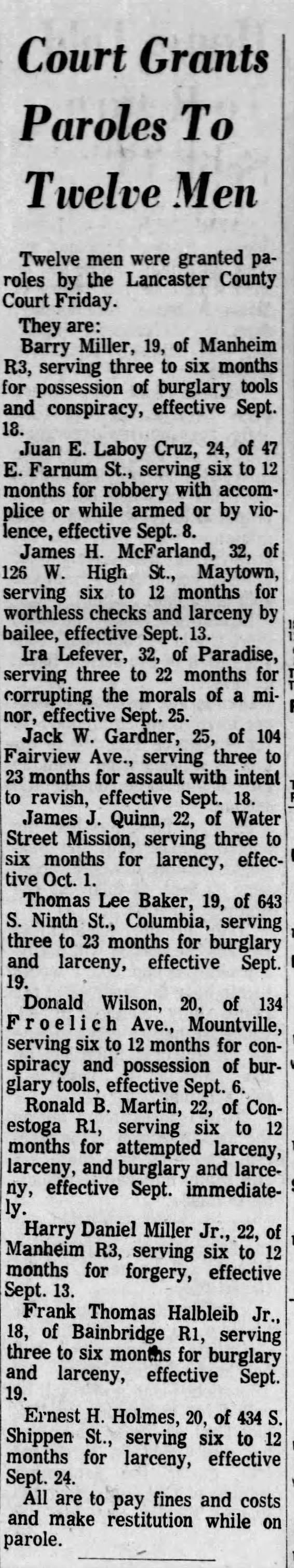 Court grants parole to twelve men, Jack W. Gardner serving 3 to 23 months, effect Sept. 18