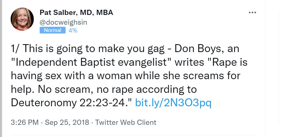 Tweet that says"
1/ This is going to make you gag - Don Boys, an "Independent Baptist evangelist" writes "Rape is having sex with a woman while she screams for help. No scream, no rape according to Deuteronomy 22:23-24." http://bit.ly/2N3O3pq