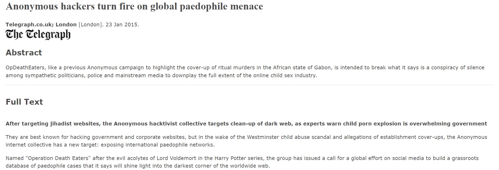 London Telegraph article on Operatino DeathEaters who hunt down pedophiles. Centanni is an example mentioned in the article