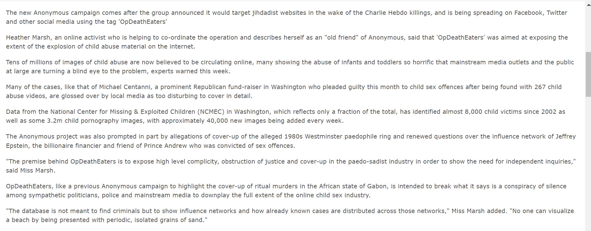 London Telegraph article on Operatino DeathEaters who hunt down pedophiles. Centanni is an example mentioned in the article