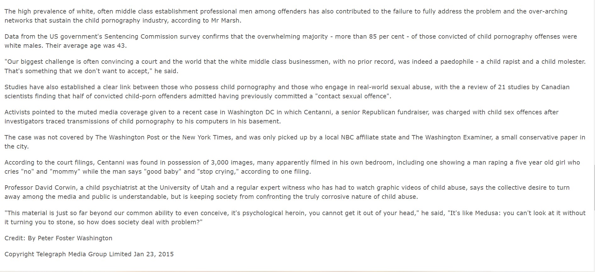 London Telegraph article on Operatino DeathEaters who hunt down pedophiles. Centanni is an example mentioned in the article