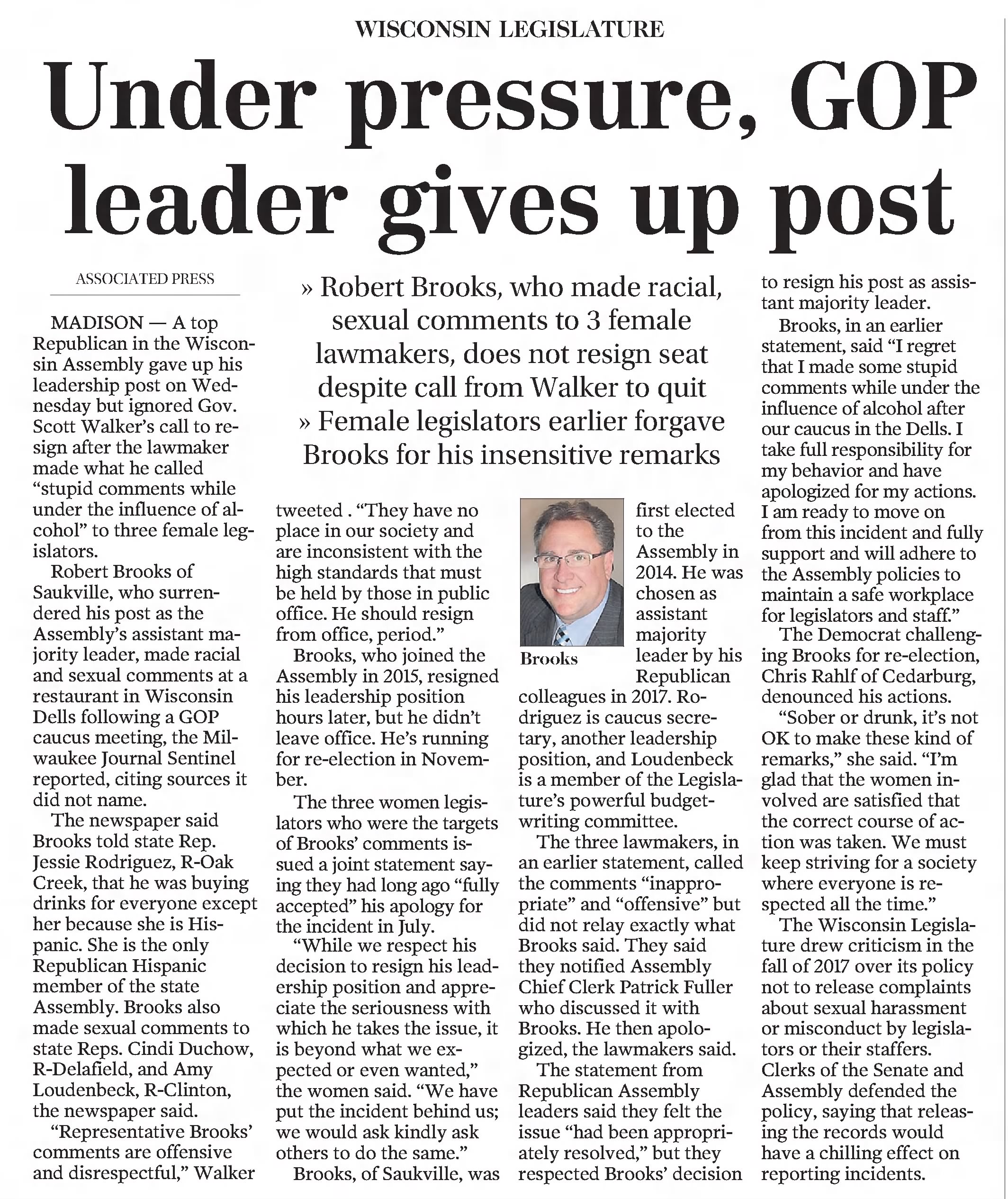 Leader-Telegram
Eau Claire, Wisconsin · Thursday, September 27, 2018
Under pressure, GOP leader gives up post