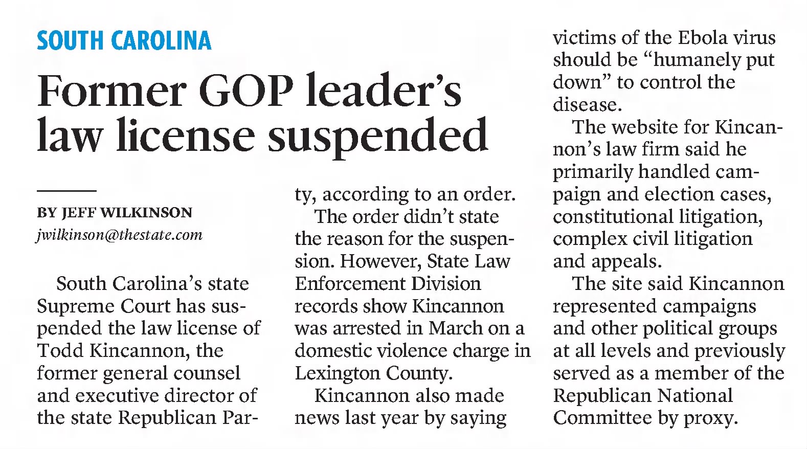 The Charlotte Observer
Charlotte, North Carolina &middot; Sunday, September 06, 2015
Former GOP leader's law license suspended. 