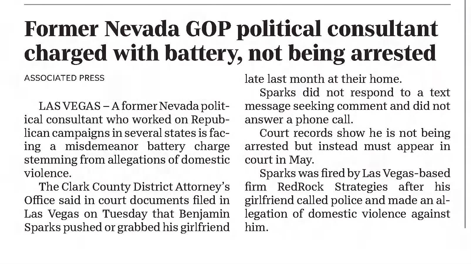Former Nevada GOP political consultant charged with battery, not being arrested.