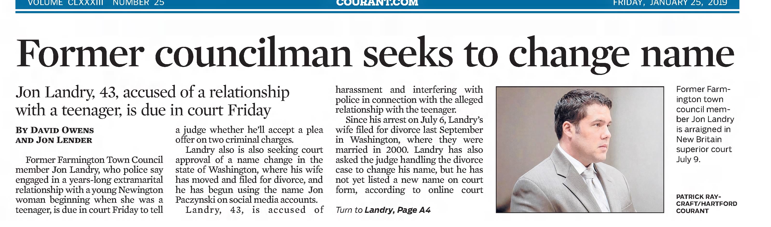 Former Councilman seeks to change name
Hartford Courant
January 25, 2019