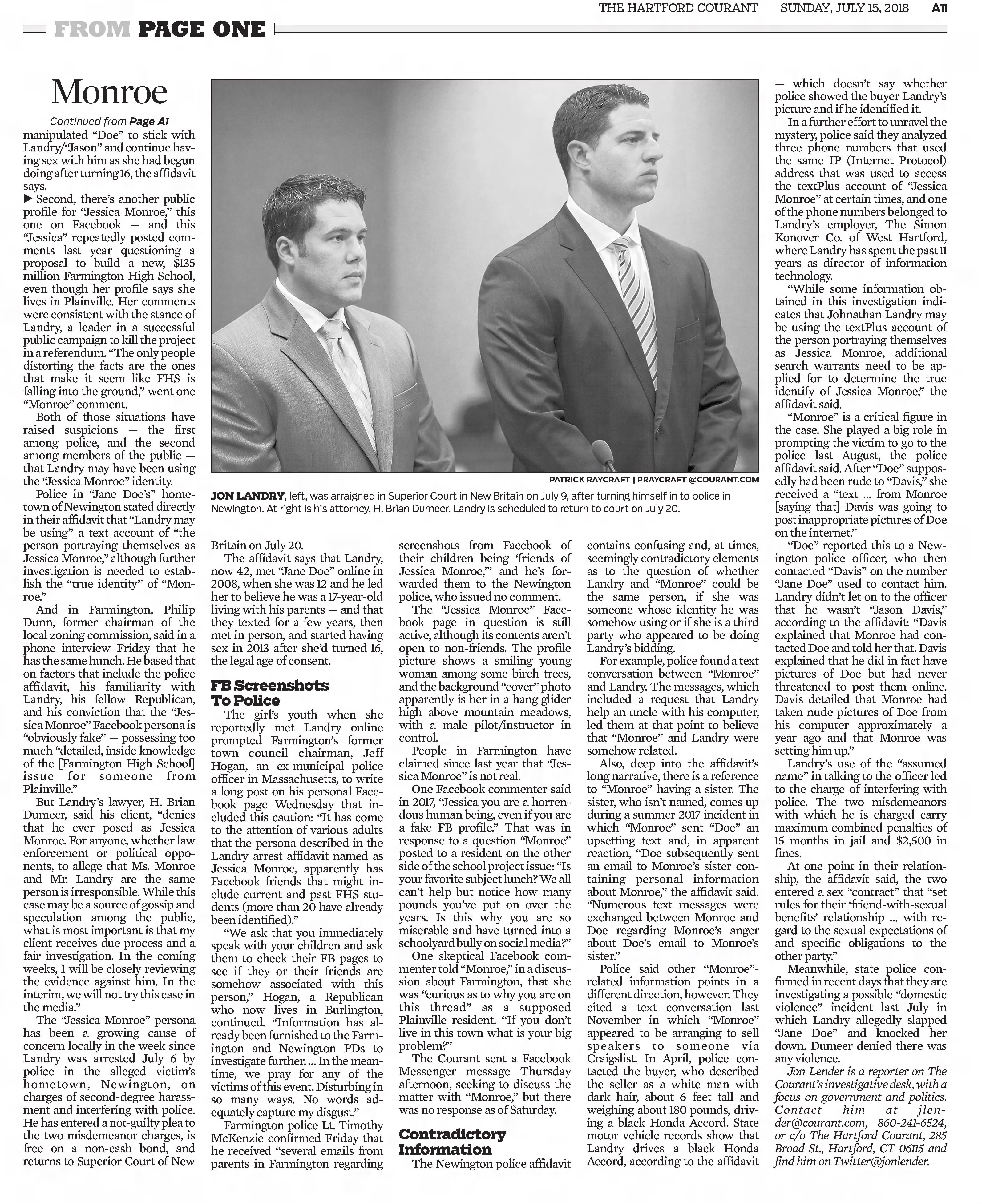In Jon Landry Case, "Jessica Monroe" mystery 
Hartford Courant
Hartford, Connecticut &middot; Sunday, July 15, 2018