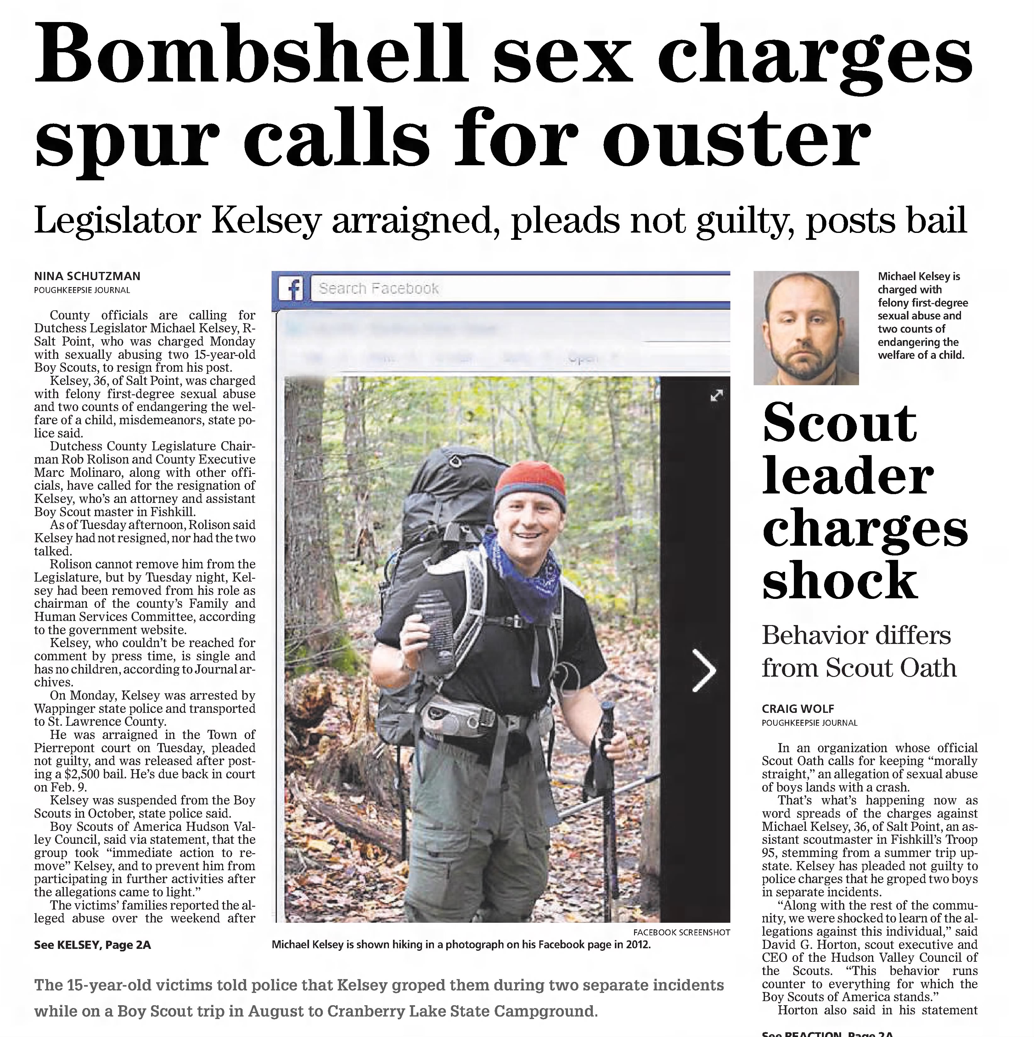 Two Articles from 
Poughkeepsie Journal
Poughkeepsie, New York &middot; Wednesday, December 17, 2014
Bombshell sex charges spur calls for ouster. Legislator Kelsey arraigned, pleads not guilty, posts bail. 
Scout leader charges shock
Behavior differs from scout oath
