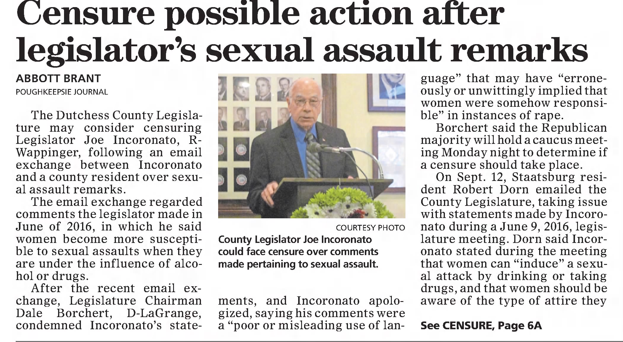 Censure possible action after legislator's sexual assault remarks.