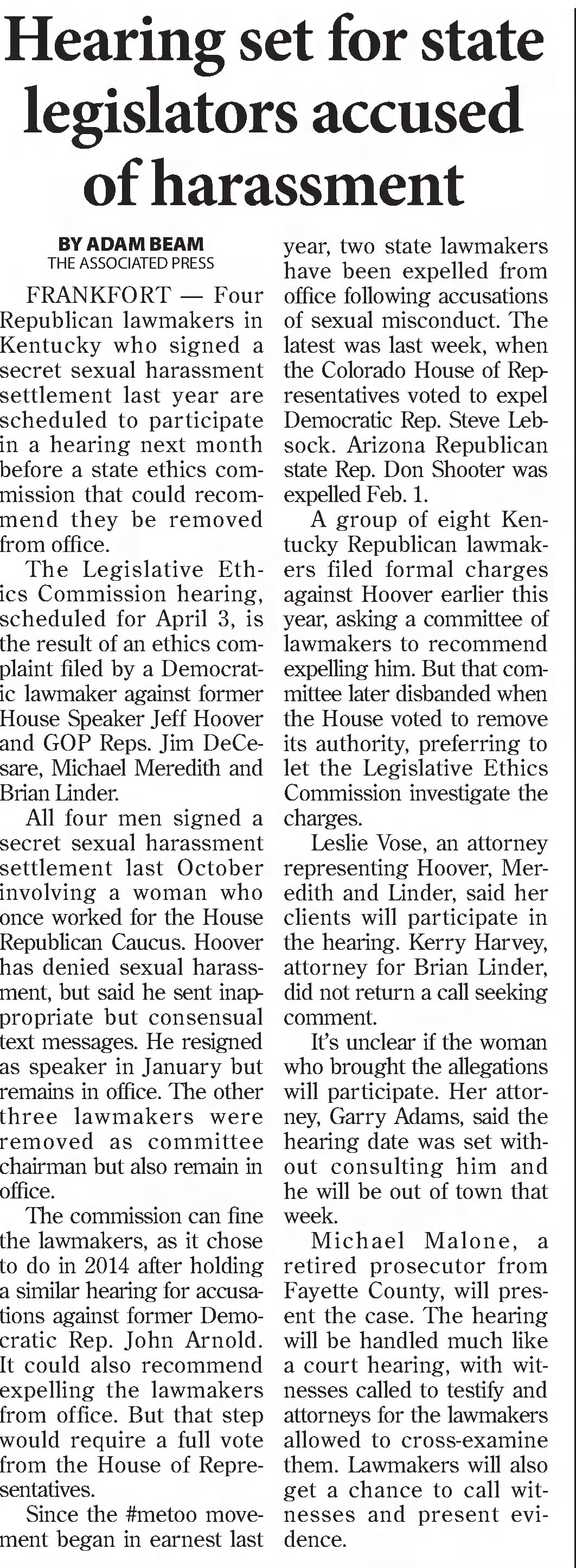 Hearing set for state legislators accused of harassment