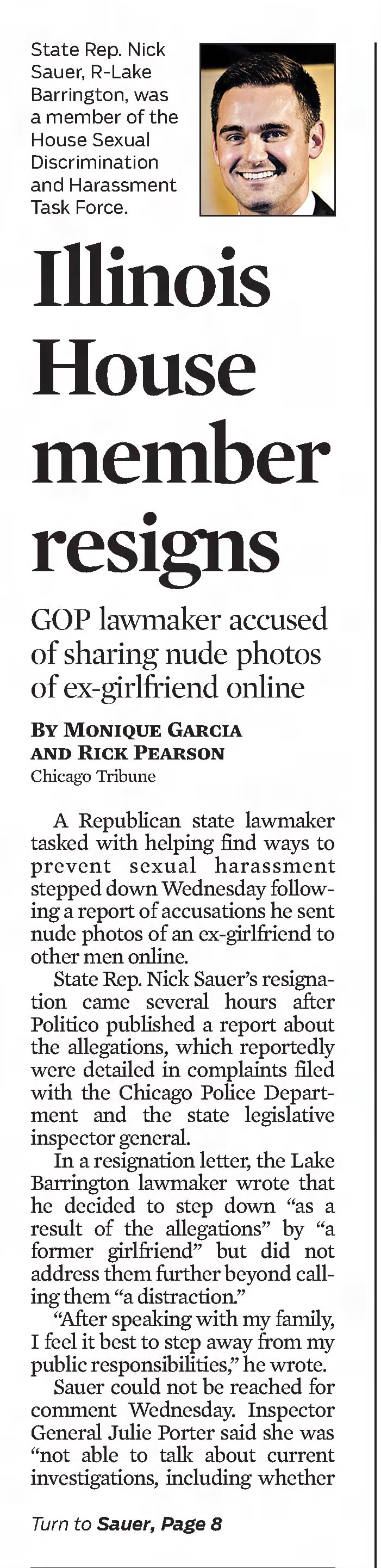 Chicago Tribune
Chicago, Illinois · Thursday, August 02, 2018
Illinois House member resigns