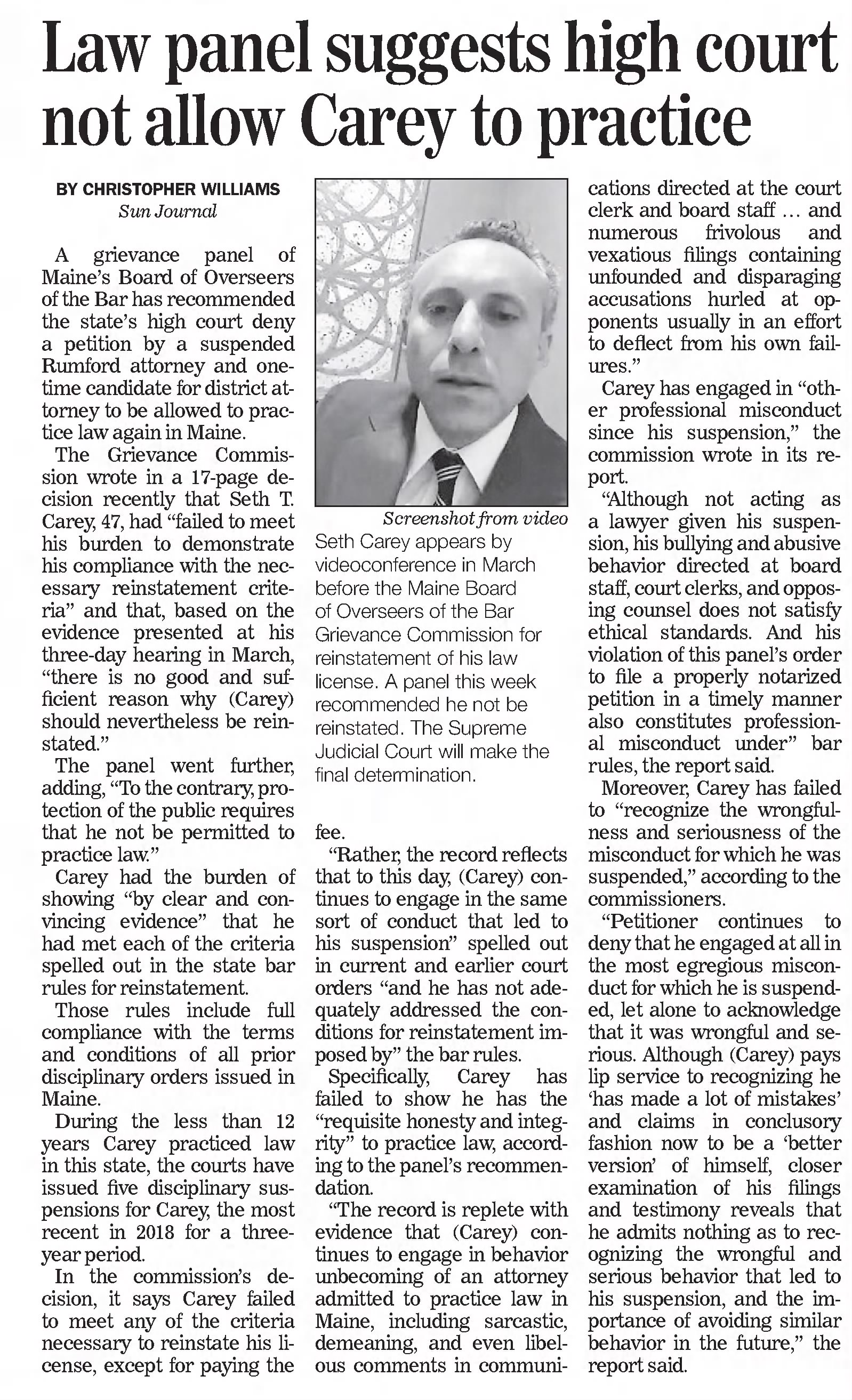 Morning Sentinel
Waterville, Maine &middot; Wednesday, April 27, 2022
Law panel suggests high court not allow Carey to practice