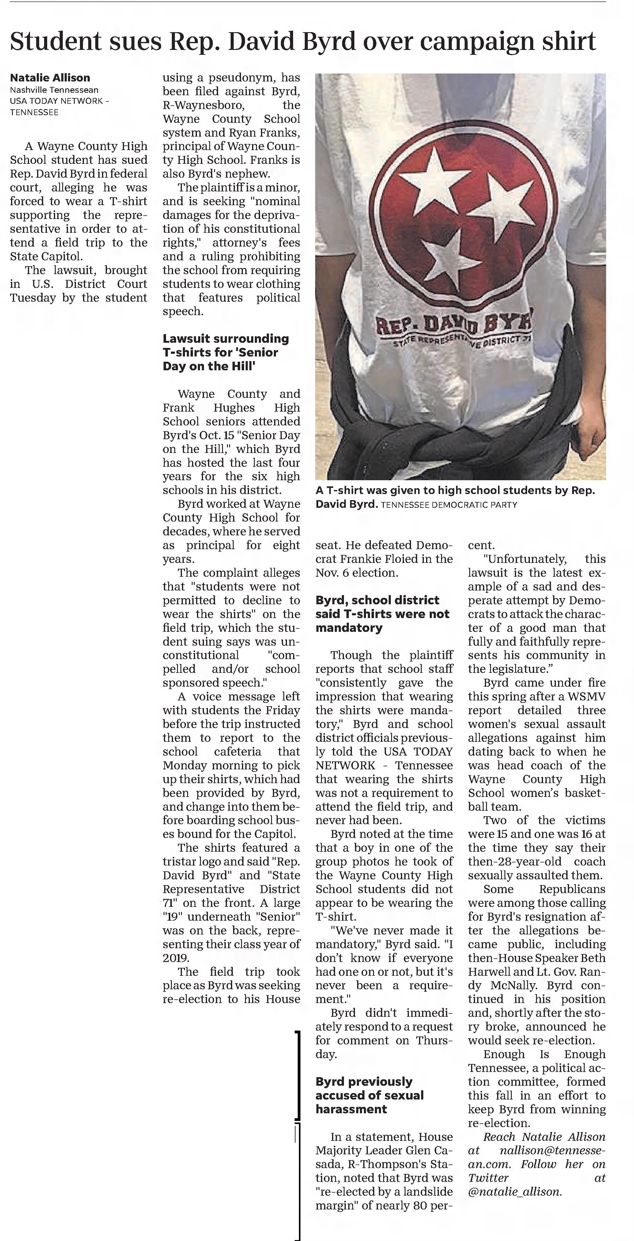 Student sues Rep Byrd over campaign shirts 
The Daily News-Journal
Murfreesboro, Tennessee &middot; Sunday, November 18, 2018