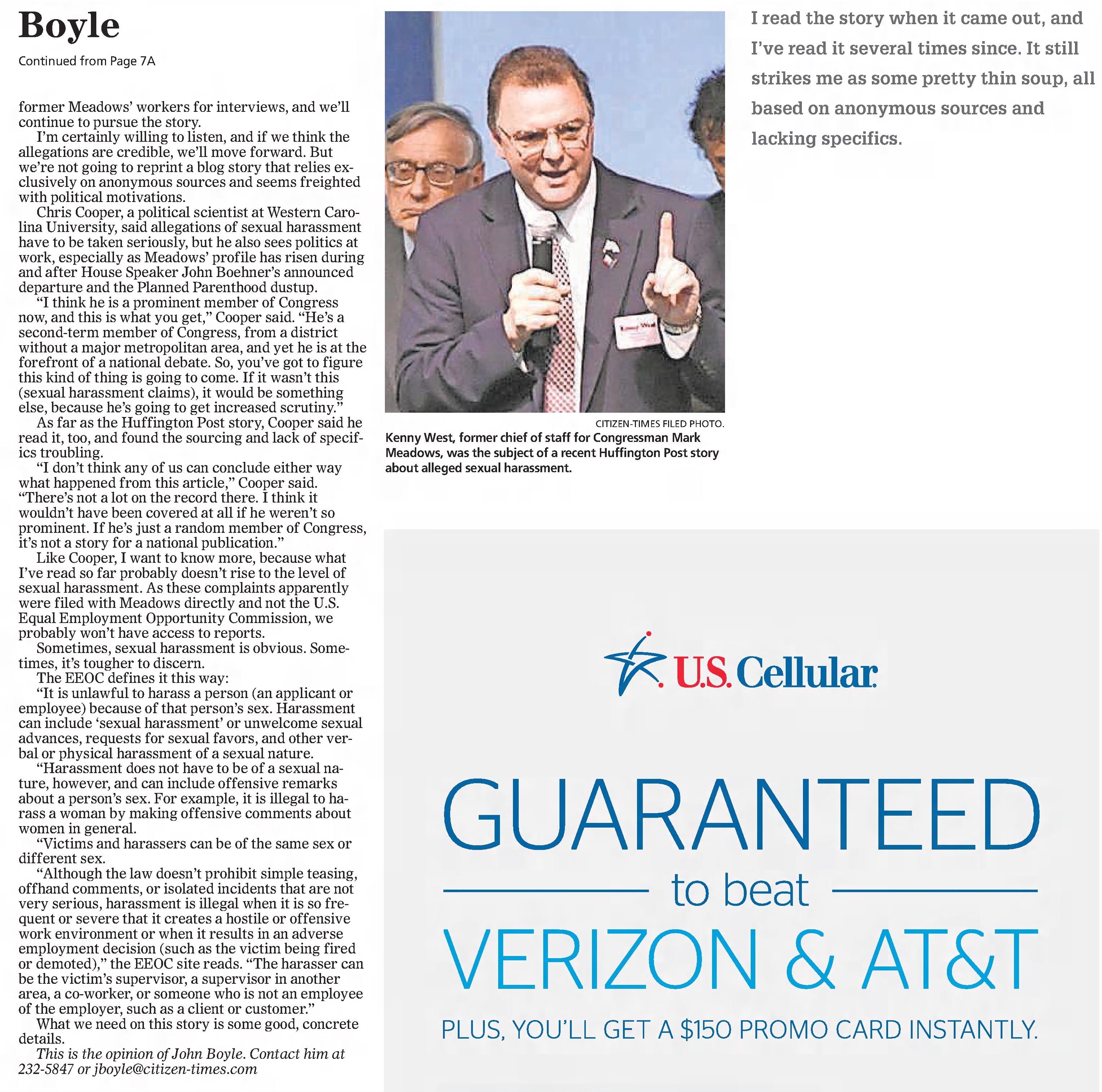 Asheville Citizen-Times
Asheville, North Carolina · Sunday, October 18, 2015
Sexual harassment allegations against Meadows' ex-staffer West?