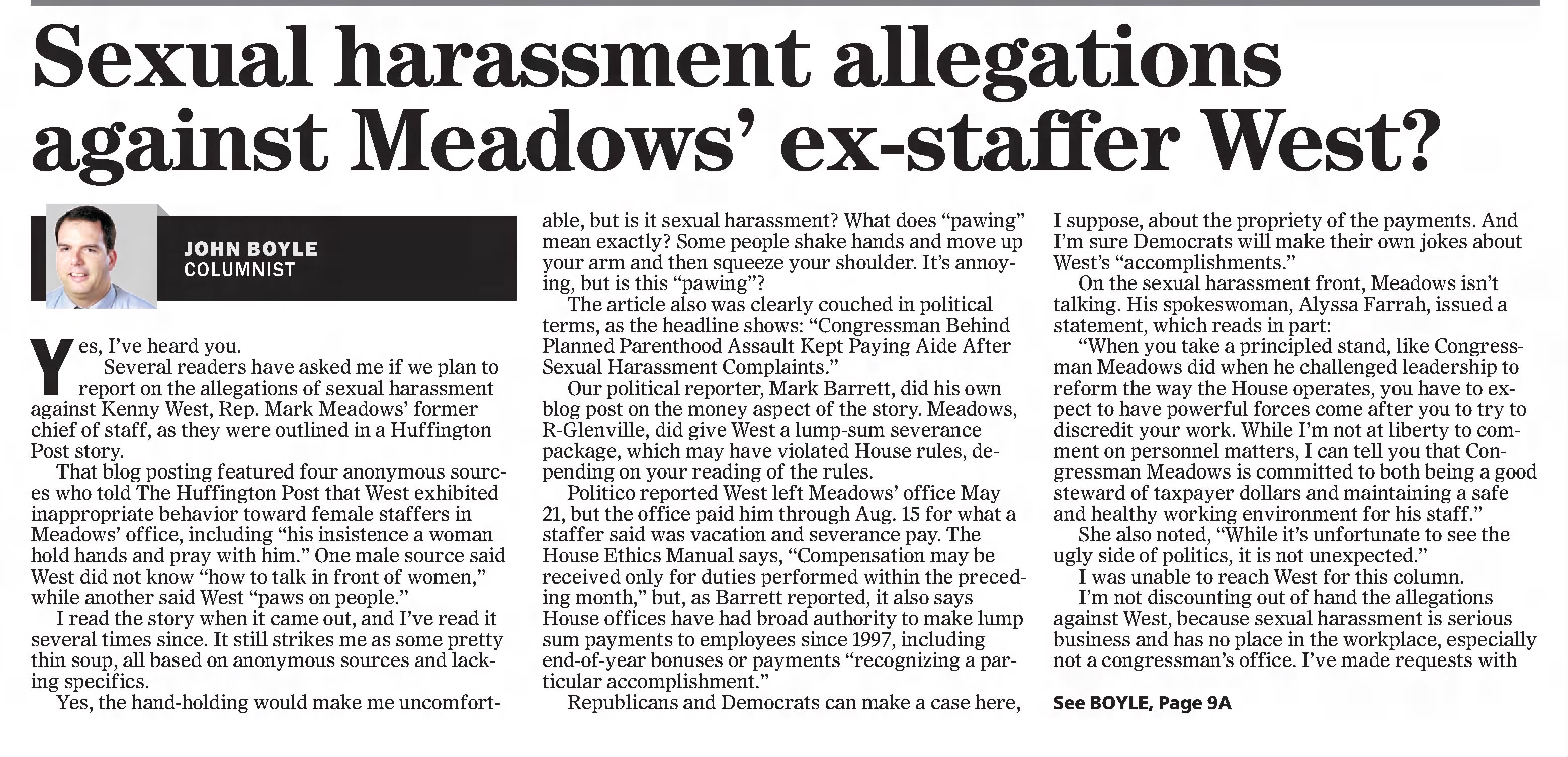 Asheville Citizen-Times
Asheville, North Carolina · Sunday, October 18, 2015
Sexual harassment allegations against Meadows' ex-staffer West?