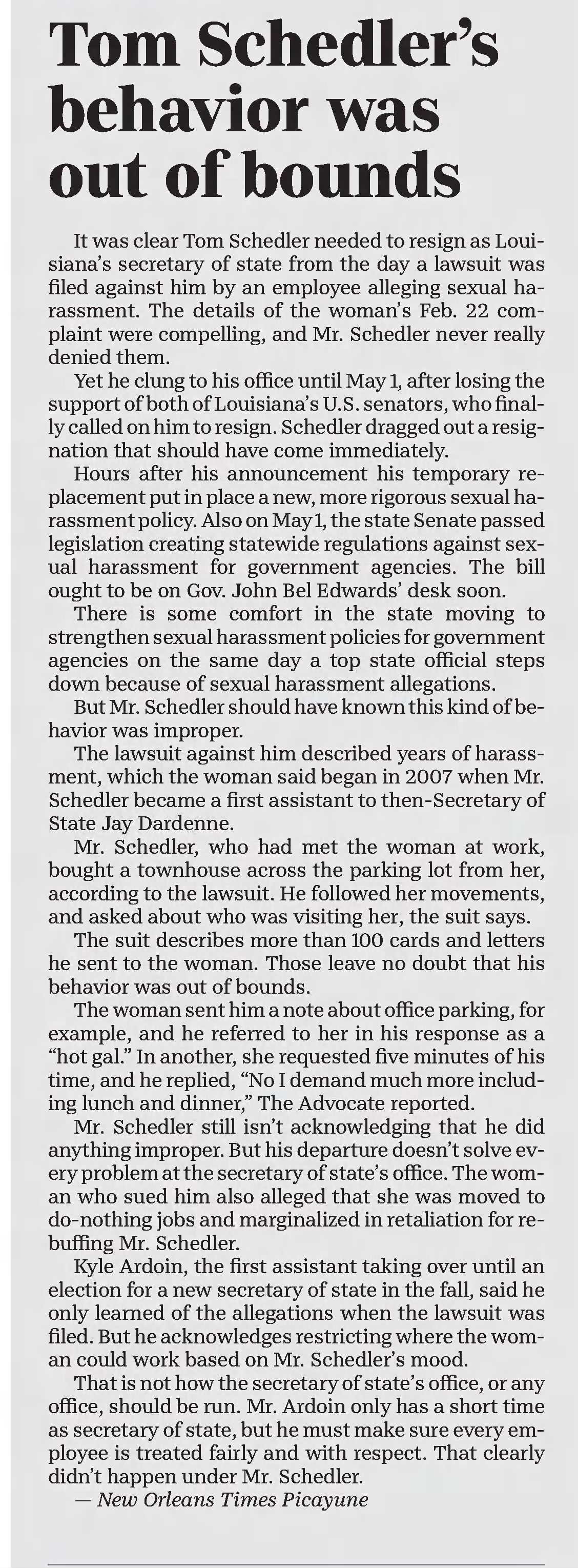 The Times
Shreveport, Louisiana · Wednesday, May 09, 2018
Tom Schedulers behavior was out of bounds