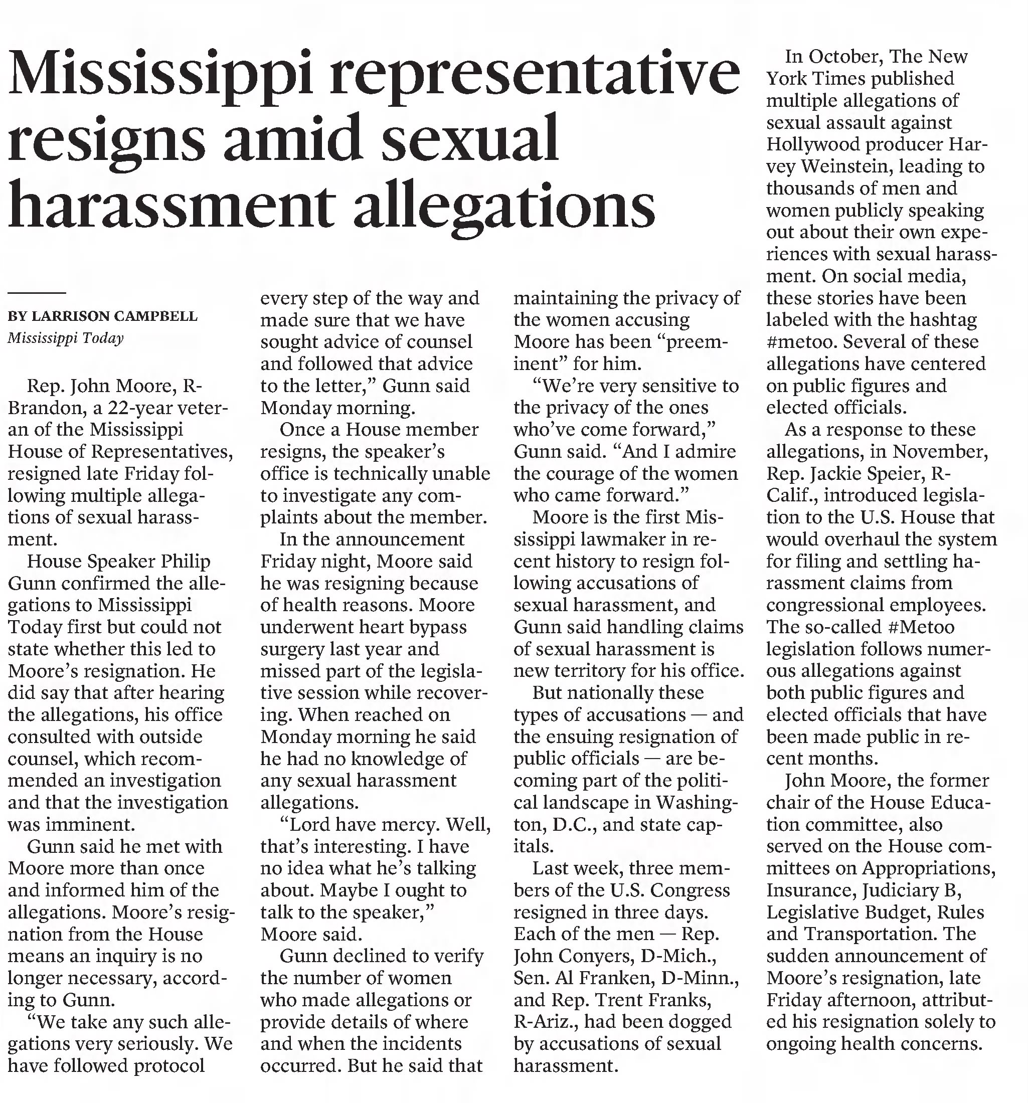 Sun Herald
Biloxi, Mississippi &middot; Tuesday, December 12, 2017
Mississippi representative resigns amid sexual harassment allegations