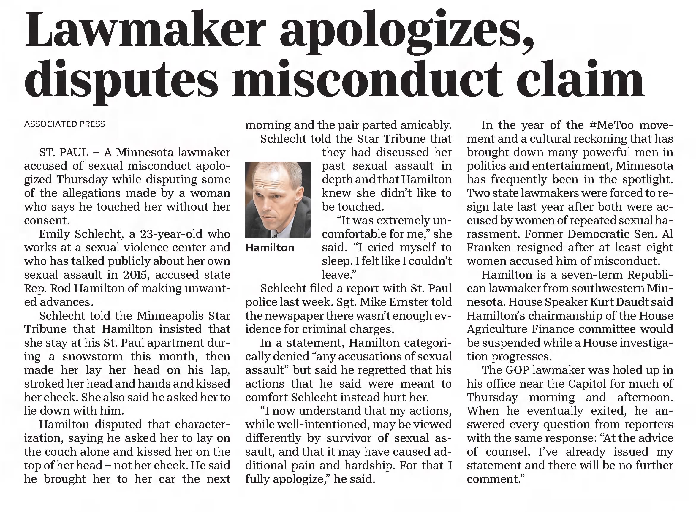 Lawmaker apologizes, disputes misconduct claim
St. Cloud Times
Saint Cloud, Minnesota · Friday, April 27, 2018