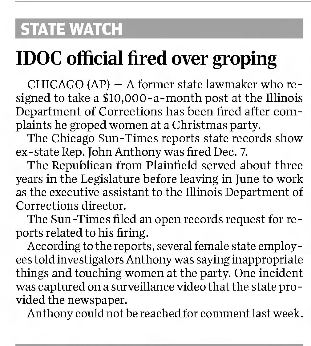 The Pantagraph
Bloomington, Illinois · Tuesday, December 27, 2016
IDOC official fired over groping.
