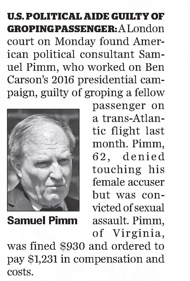 Tampa Bay Times
St. Petersburg, Florida · Tuesday, August 07, 2018
US Political Aide Guilty of Groping Passenger