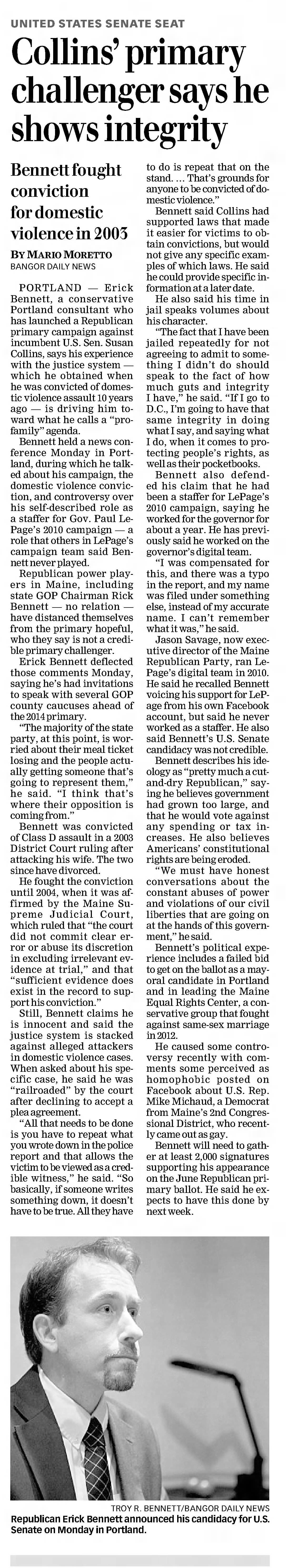 Collins' primary challenger says he shows integrity
Sun-Journal
Lewiston, Maine · Tuesday, December 31, 2013