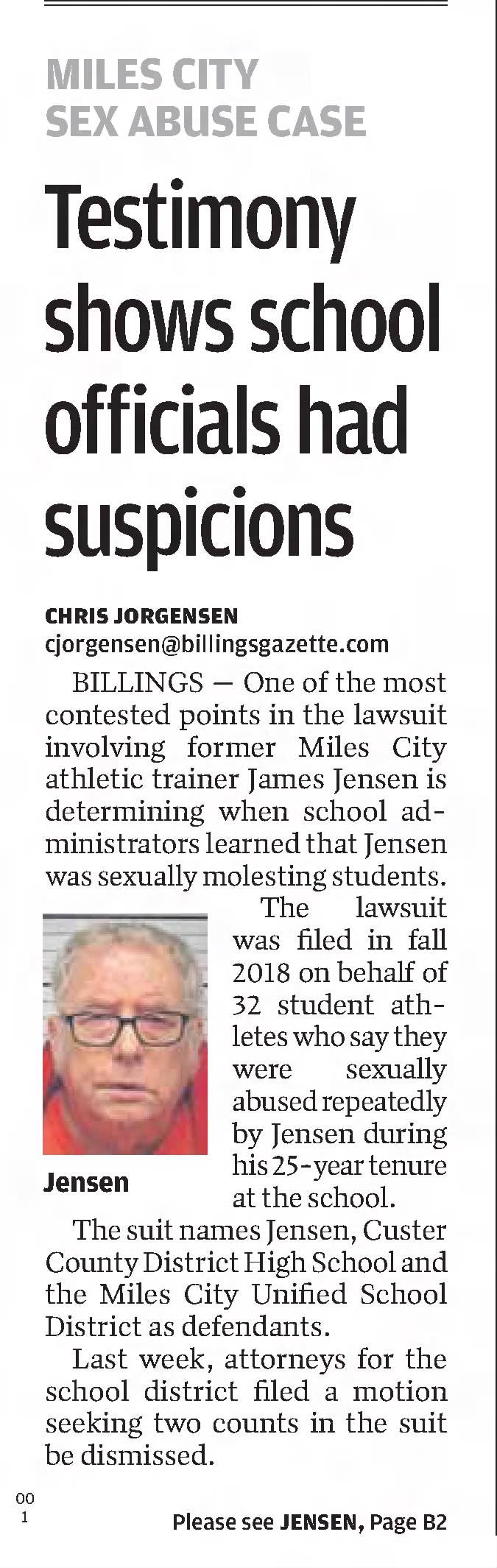 Miles City Sex Abuse Claim
Testimony Shows School Officials Had Suspicions
The Missoulian
Missoula, Montana · Saturday, March 16, 2019