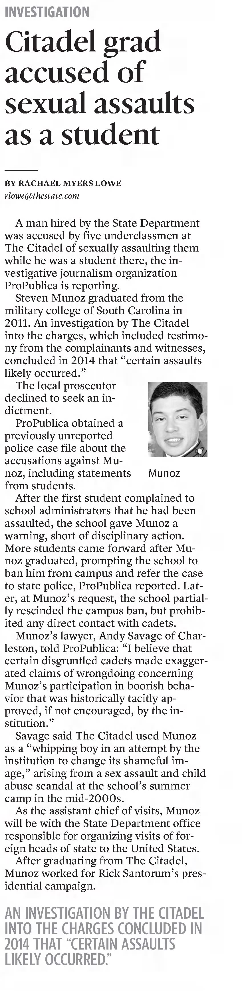 Citadel grad accused of sexual assaults as a student
The Herald
Rock Hill, South Carolina · Saturday, May 06, 2017
