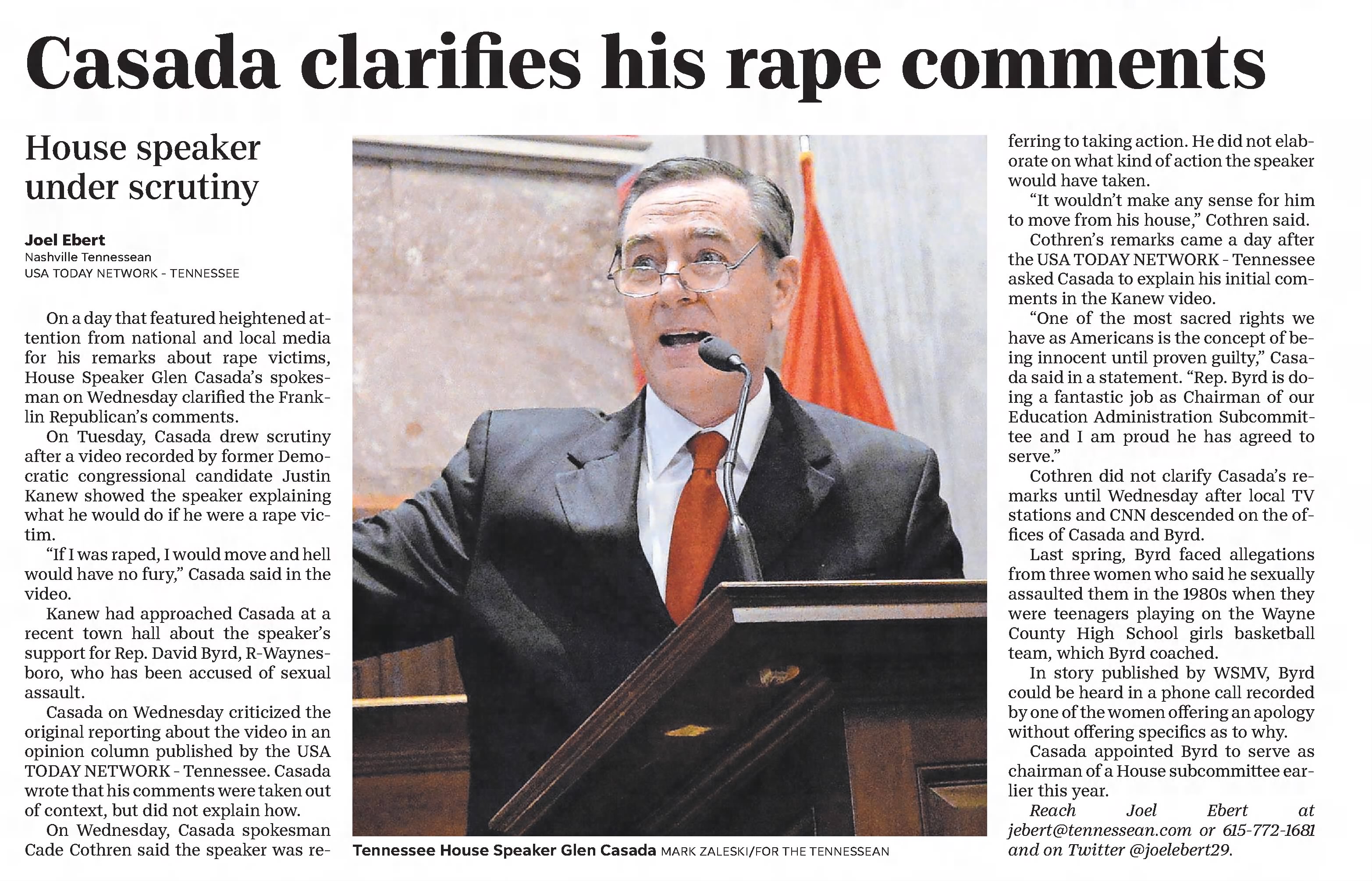 Casada clarifies his rape comments
The Leaf-Chronicle
Clarksville, Tennessee · Sunday, February 24, 2019