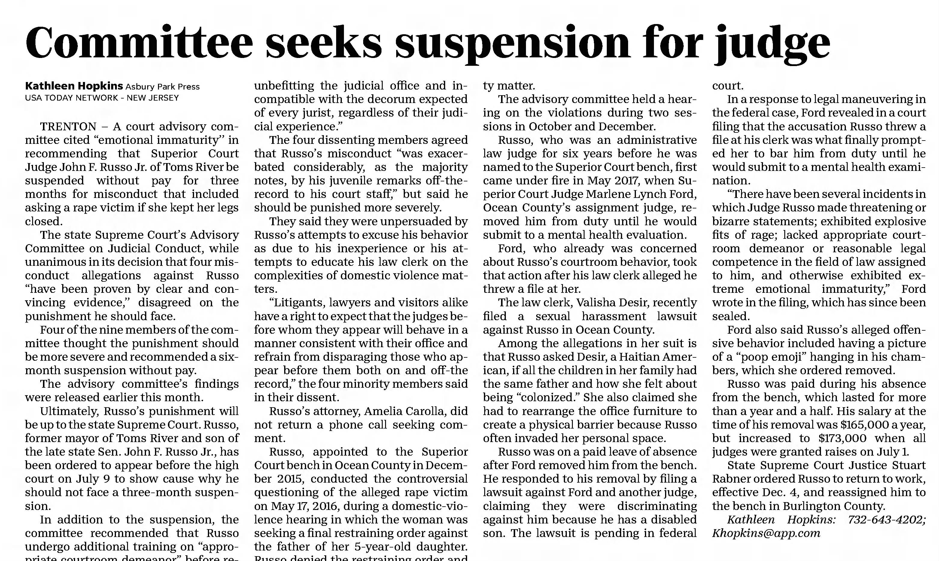 Committee seeks suspension for judge
Asbury Park Press
Asbury Park, New Jersey &middot; Thursday, April 18, 2019
