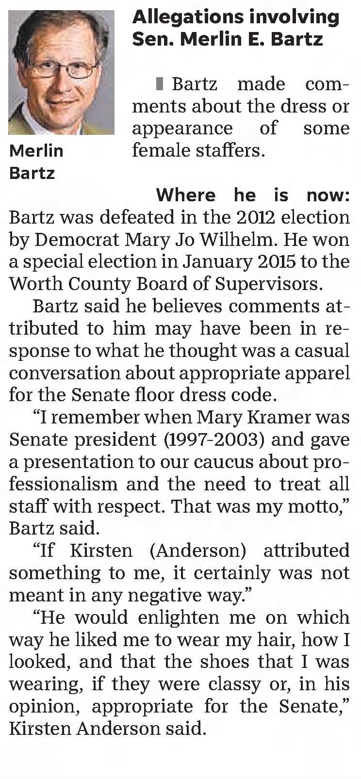 
The accusation
Bartz made comments about the dress or appearance of some female staffers.
Where he is now
Bartz was defeated in the 2012 election by Democrat Mary Jo Wilhelm. He won a special election in January 2015 to the Worth County Board of Supervisors.

Bartz said he believes comments attributed to him may have been in response to what he thought was a casual conversation about appropriate apparel for the Senate floor dress code.

"I remember when Mary Kramer was Senate president (1997-2003) and gave a presentation to our caucus about professionalism and the need to treat all staff with respect. That was my motto," Bartz said. "If Kirsten (Anderson) attributed something to me, it certainly was not meant in any negative way."

&ldquo;He would enlighten me on which way he liked me to wear my hair, how I looked, and that the shoes that I was wearing, if they were classy or, in his opinion, appropriate for the Senate," Kirsten Anderson 