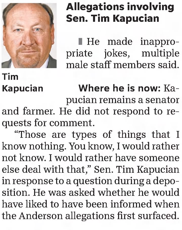 Allegations involving Sen. Tim Kapucian
The accusation
He made inappropriate jokes, multiple male staff members said. 

Where he is now
Kapucian remains a senator and farmer. He did not respond to requests for comment.

"Those are types of things that I know nothing. You know, I would rather not know. I would rather have someone else deal with that," Sen. Tim Kapucian in response to a question during a deposition. He was asked whether he would have liked to have been informed when the Anderson allegations first surfaced.

