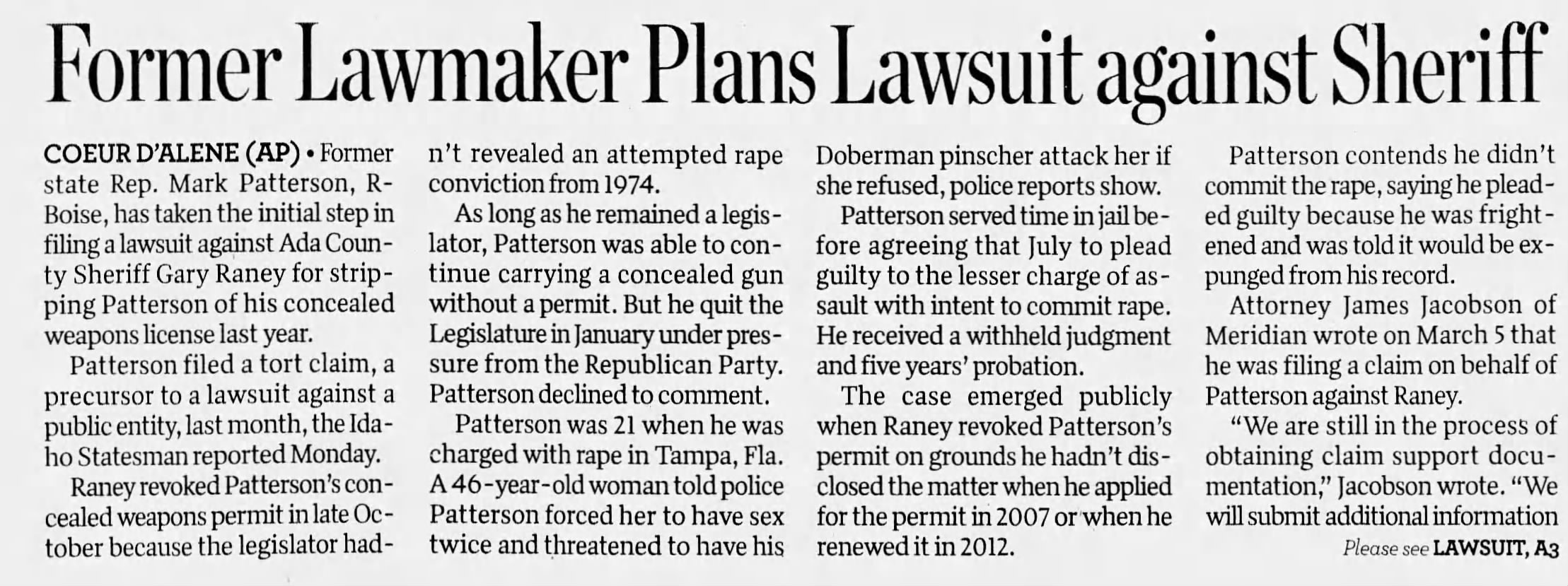 Former Lawmaker Pllans lawsuit against sheriff.