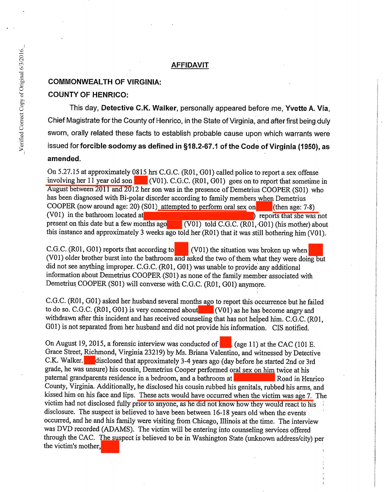 Henrico County Affidavit describing the crime. 