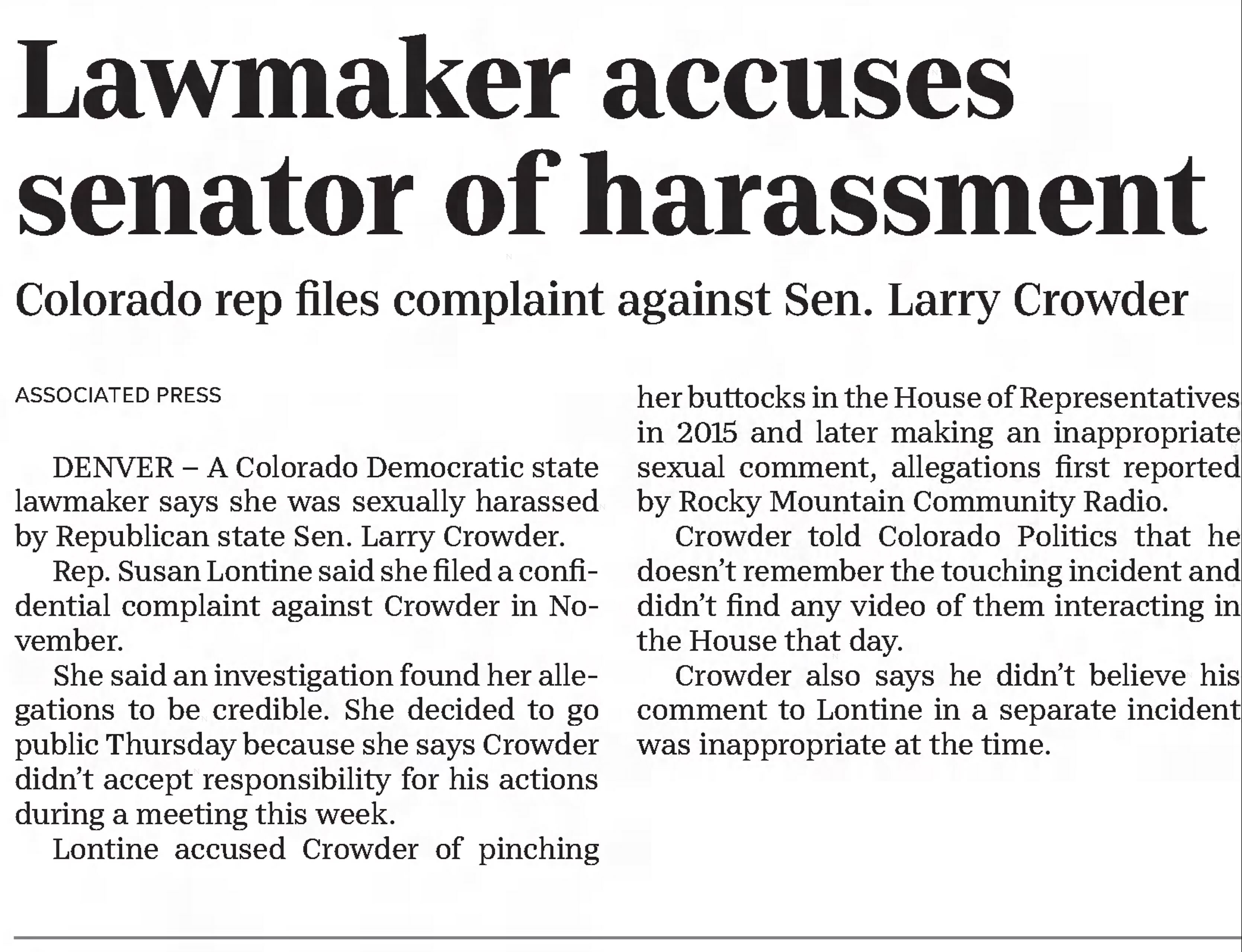 Fort Collins Coloradoan
Fort Collins, Colorado &middot; Saturday, February 10, 2018
Lawmaker accuses senator of harassment