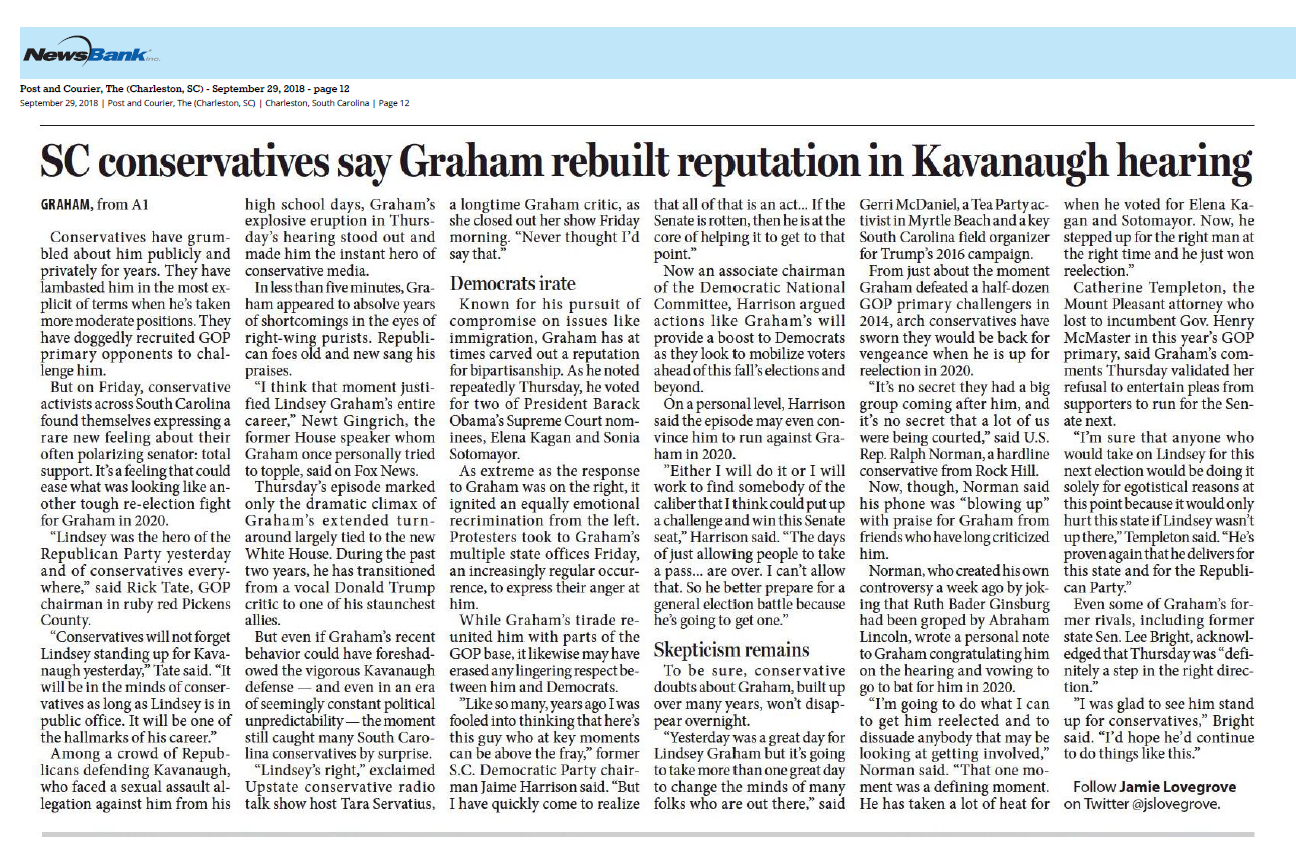 SC Conservatives say Graham rebuilt reputation in Kavanaugh hearing. 