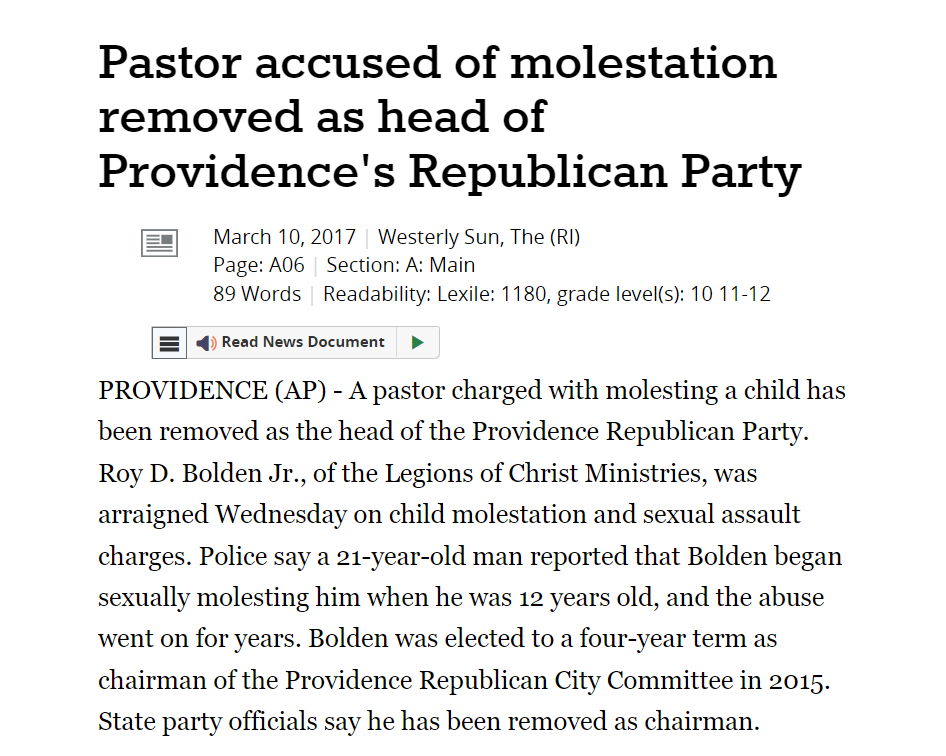Pastor accused of molestation removed as head of Providence's Republican Party
