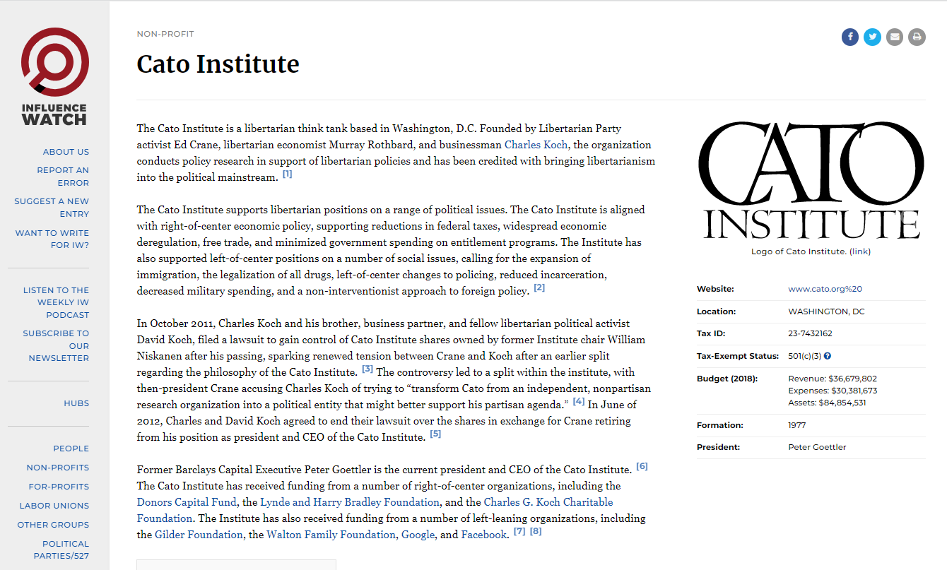 Screen shot of this page 
https://www.influencewatch.org/non-profit/cato-institute/