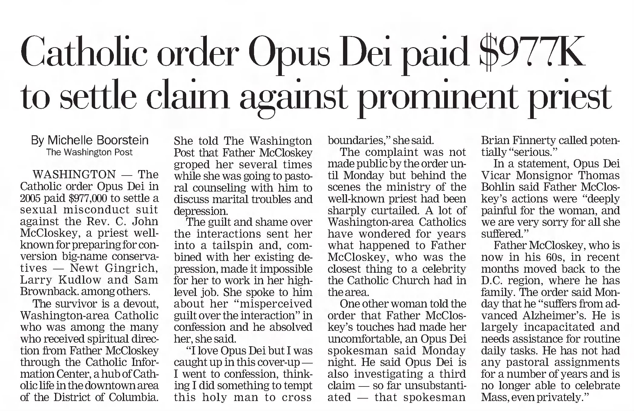 Catholic order Opus Dei paid $977L to settle claim against prominent priest
