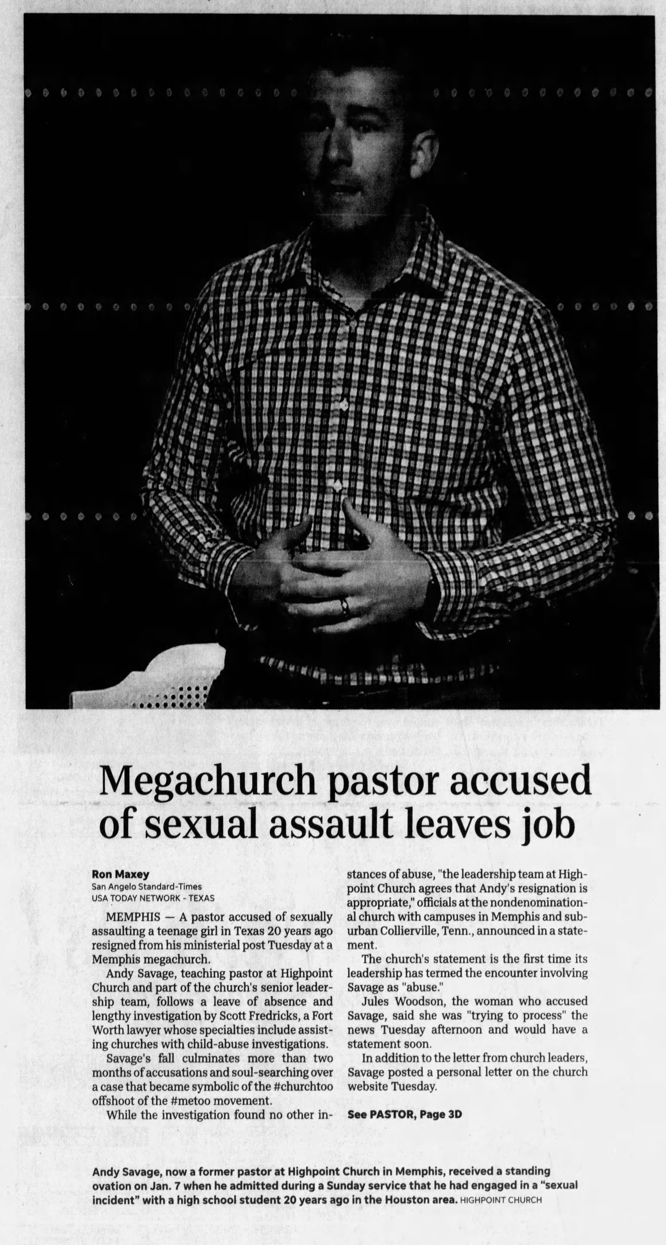 Megachurch pastor accused of sexual assault leaves job
San Angelo Standard-Times
San Angelo, Texas · Saturday, March 24, 2018