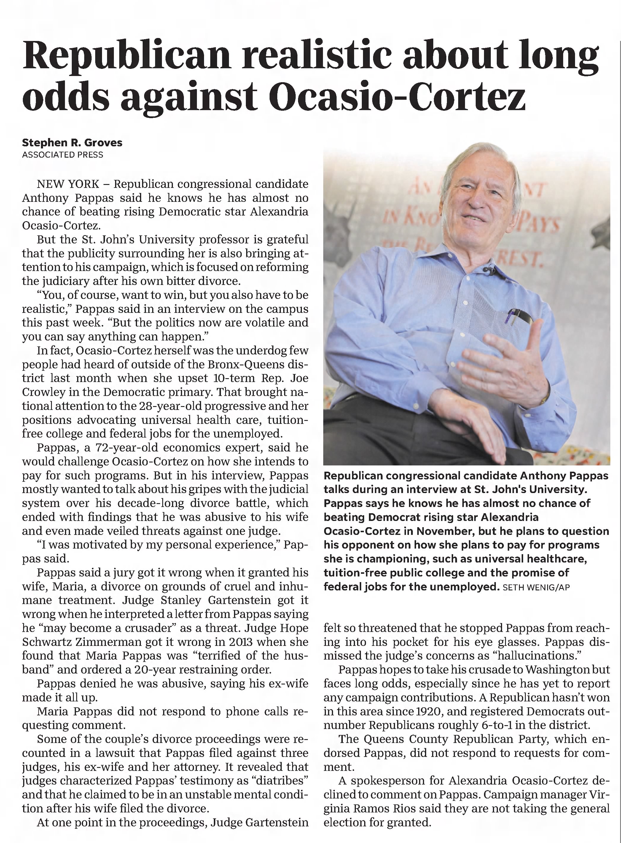Star-Gazette
Elmira, New York · Wednesday, July 18, 2018
Republican realistic about long odds against Ocasio-Cortez