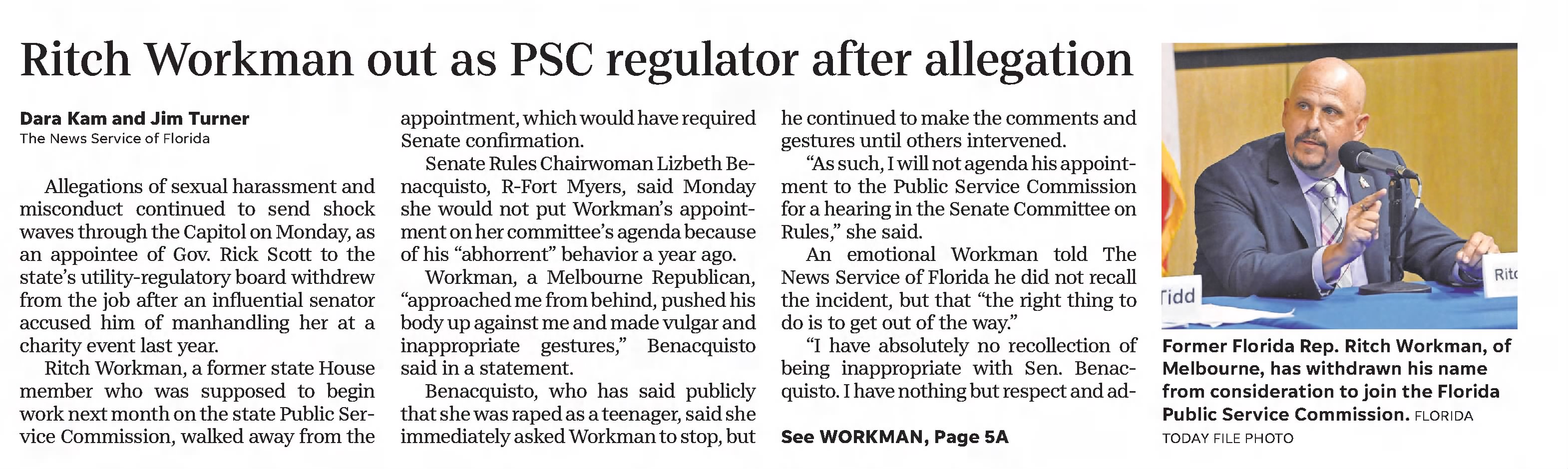 Tallahassee Democrat
Tallahassee, Florida &middot; Tuesday, December 05, 2017
Ritch Workman out at PSC regulator after allegation