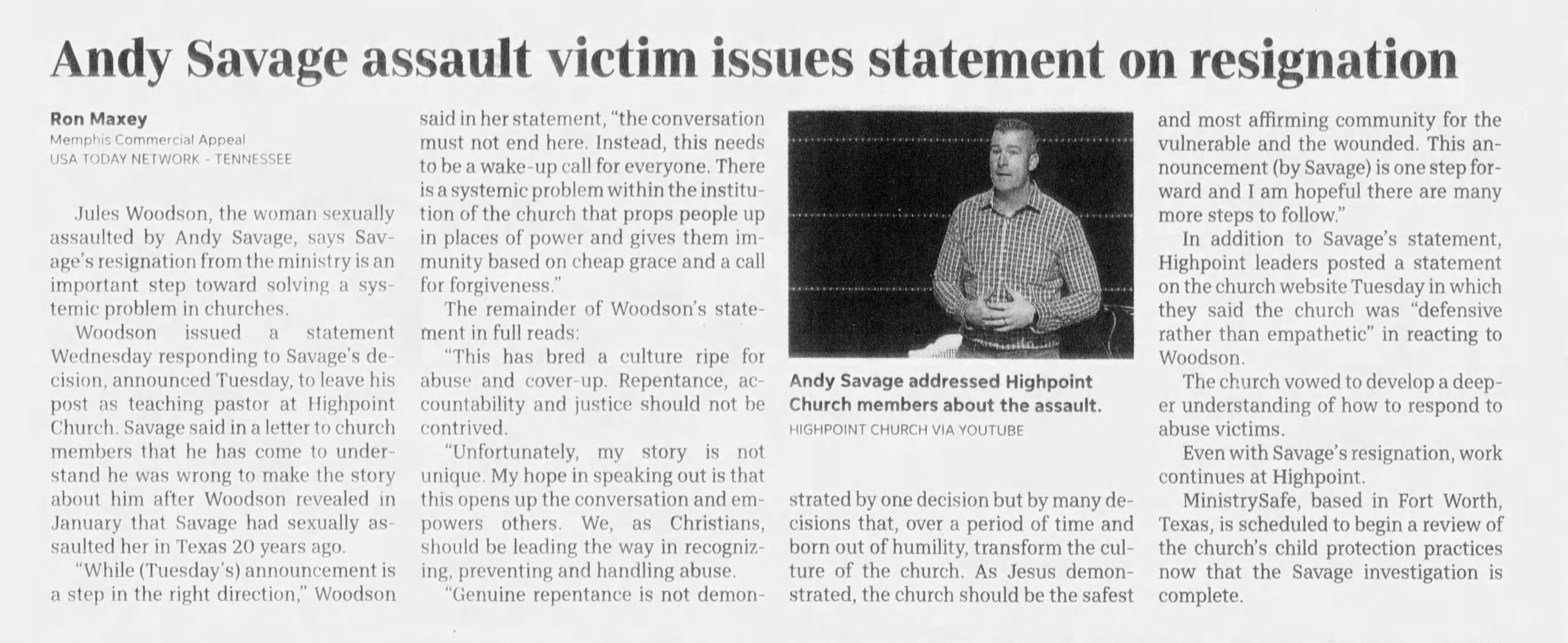 The Commercial Appeal
Memphis, Tennessee &middot; Thursday, March 22, 2018
Andy Savage assault victim issues statement on resgination