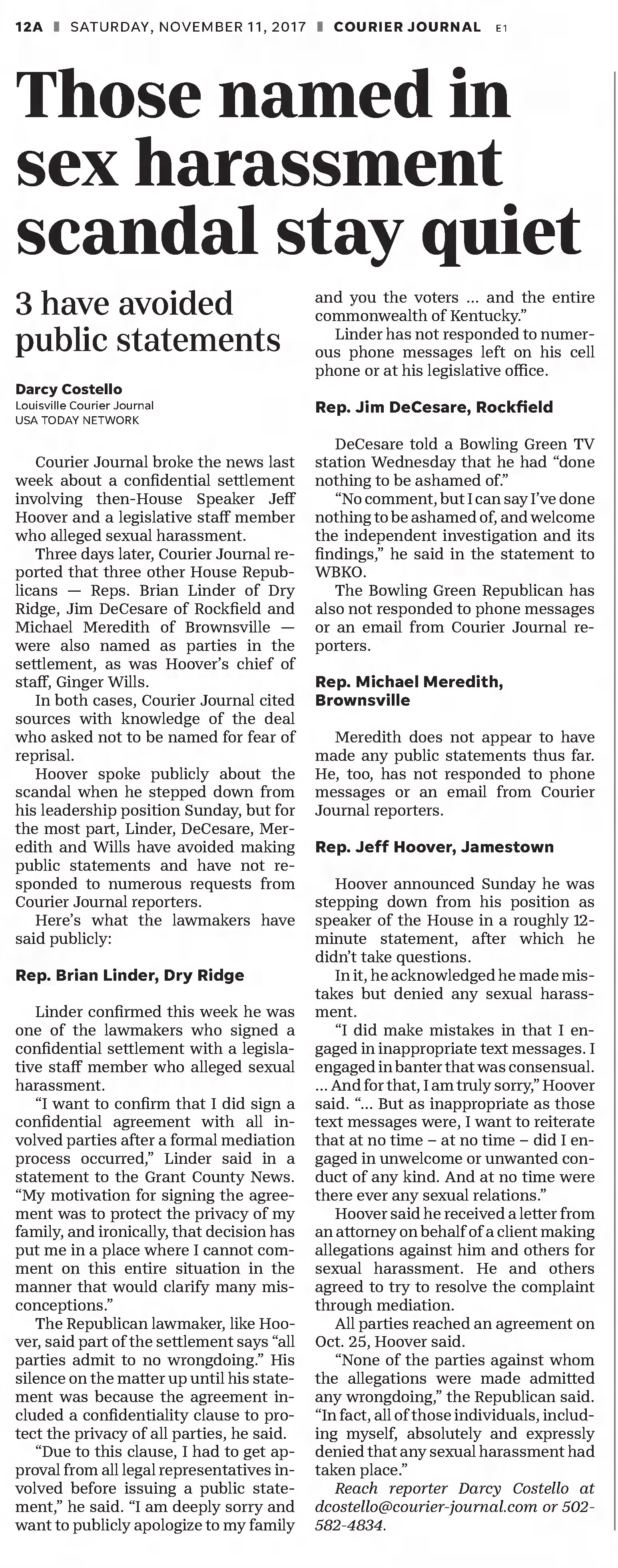 The Courier-Journal
Louisville, Kentucky · Saturday, November 11, 2017
Those named in sexual harassment scandal stay quiet.