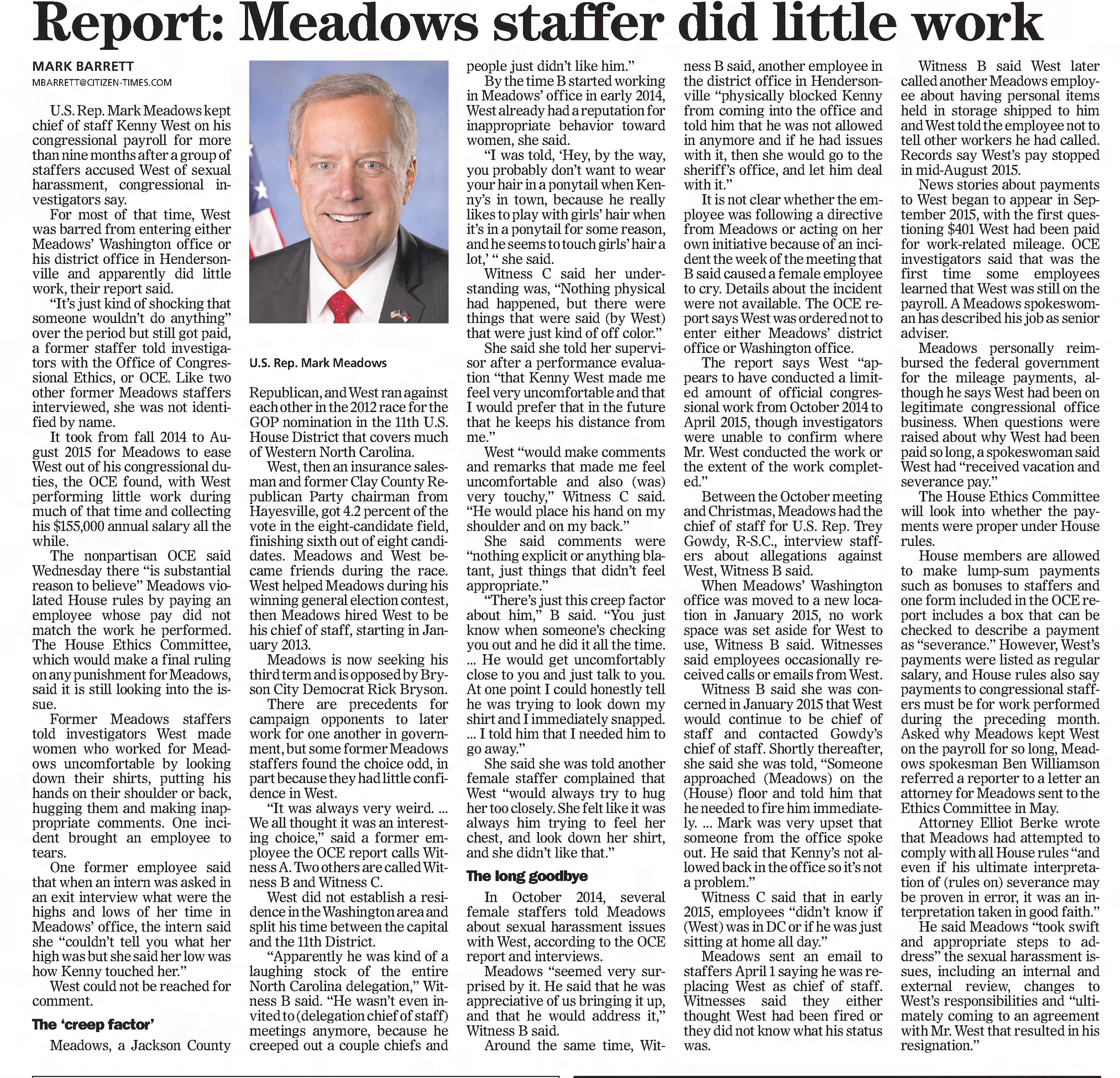 Report: Meadows staffer did little work 
The Greenville News
Greenville, South Carolina &middot; Sunday, August 21, 2016