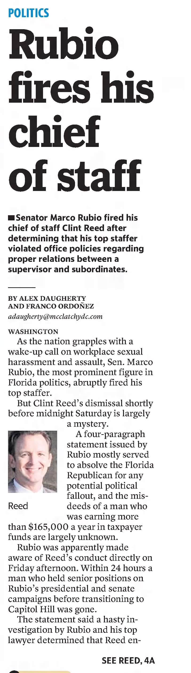 The Miami Herald
Miami, Florida &middot; Monday, January 29, 2018
Rubio fires shi chief of staff
