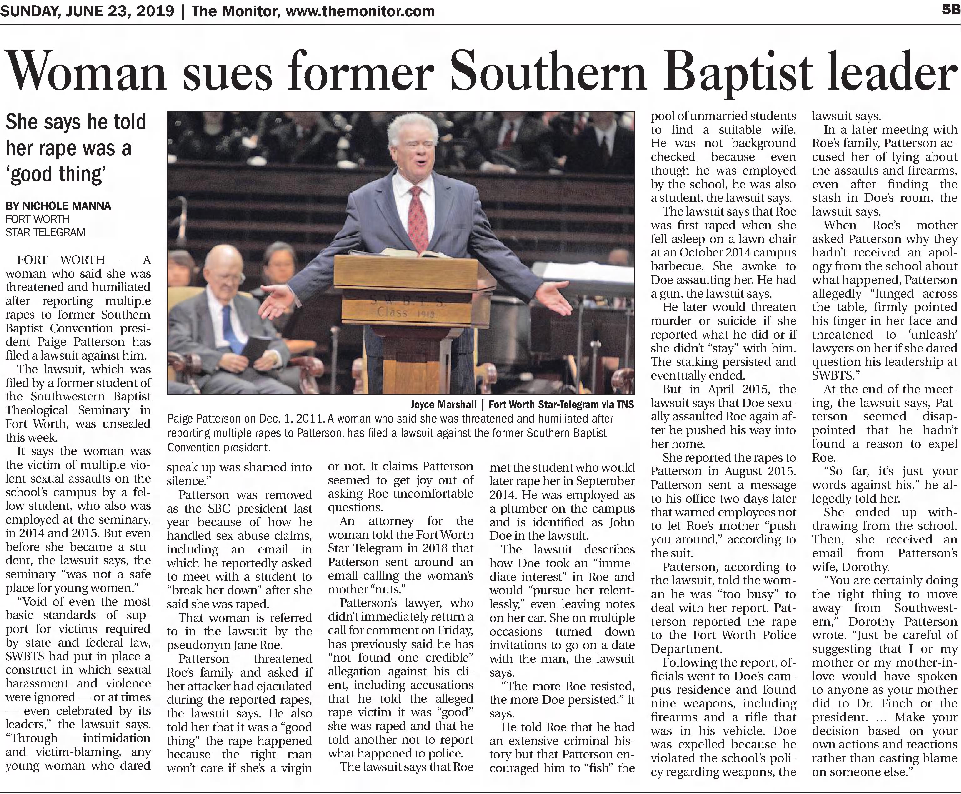 The Monitor
McAllen, Texas · Sunday, June 23, 2019
Woman sues former Southern Baptist leader