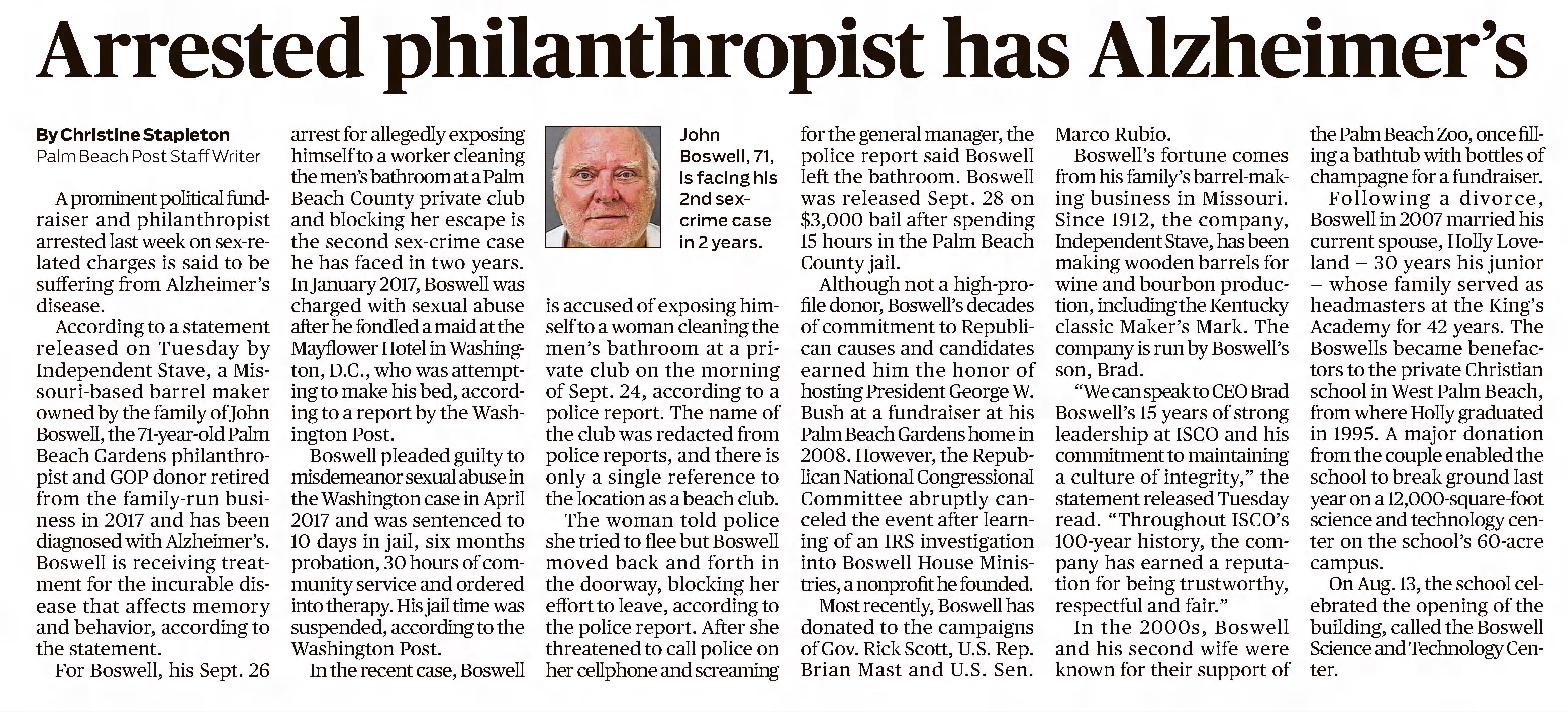 The Palm Beach Post
West Palm Beach, Florida &middot; Thursday, October 04, 2018
Arrested Philanthropist has alaheimer's