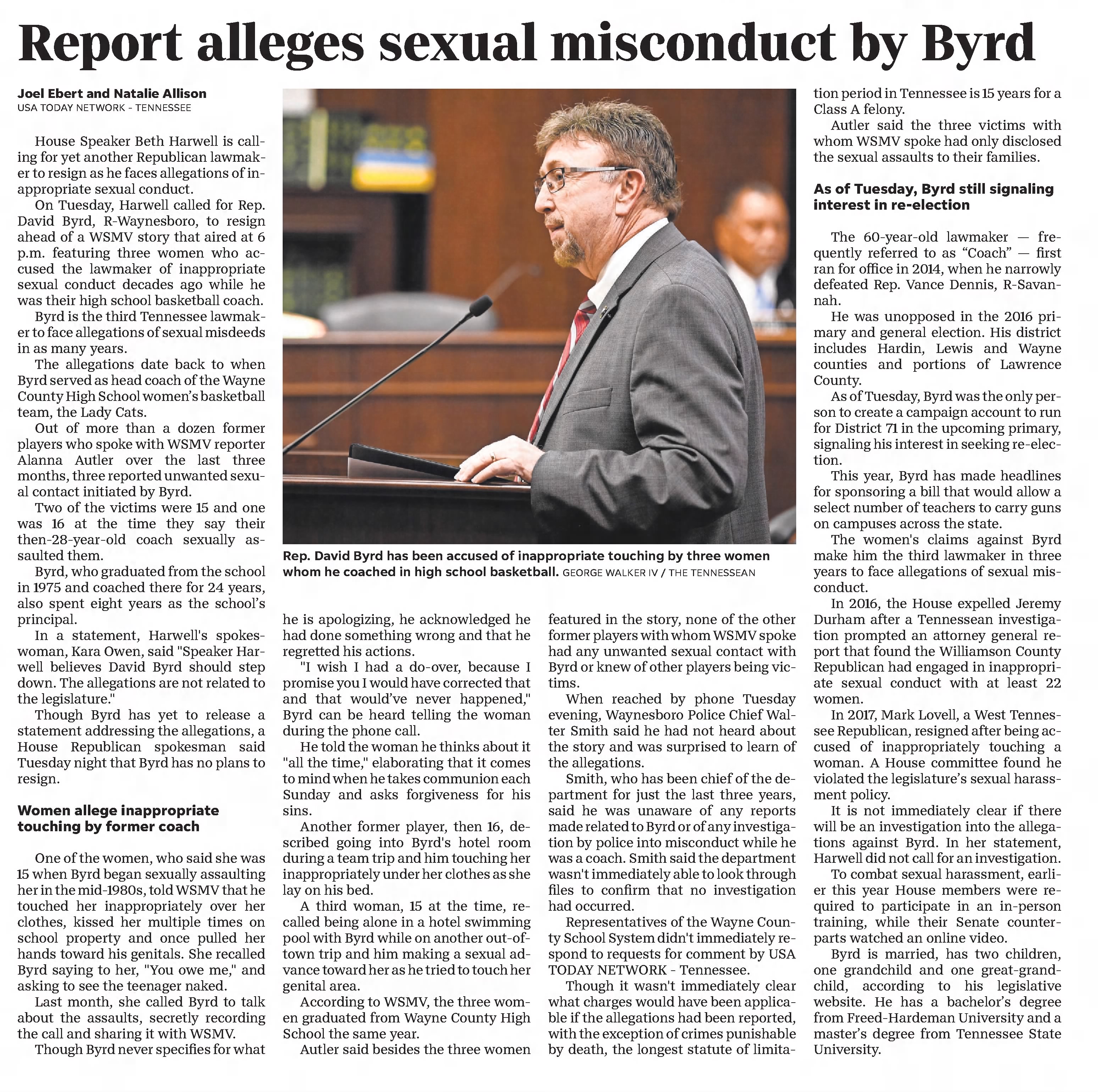 The Tennessean
Nashville, Tennessee &middot; Wednesday, March 28, 2018
Report alleges sexual misconduct by Byrd