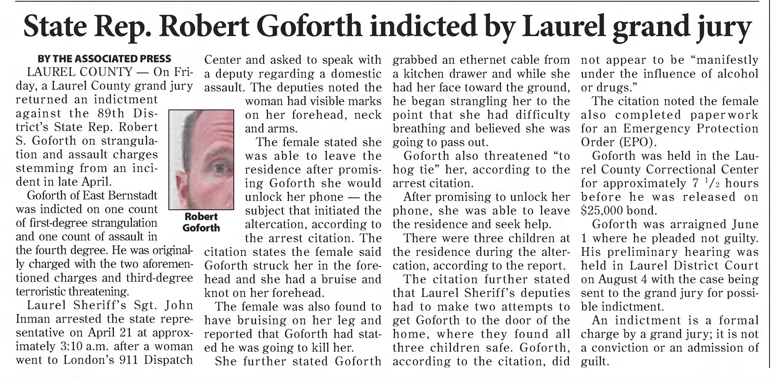 State Rep Robert Goforth indicted by Laurel grnad jusry
&times;
Kentucky New Era
Hopkinsville, Kentucky &middot; Saturday, September 19, 2020