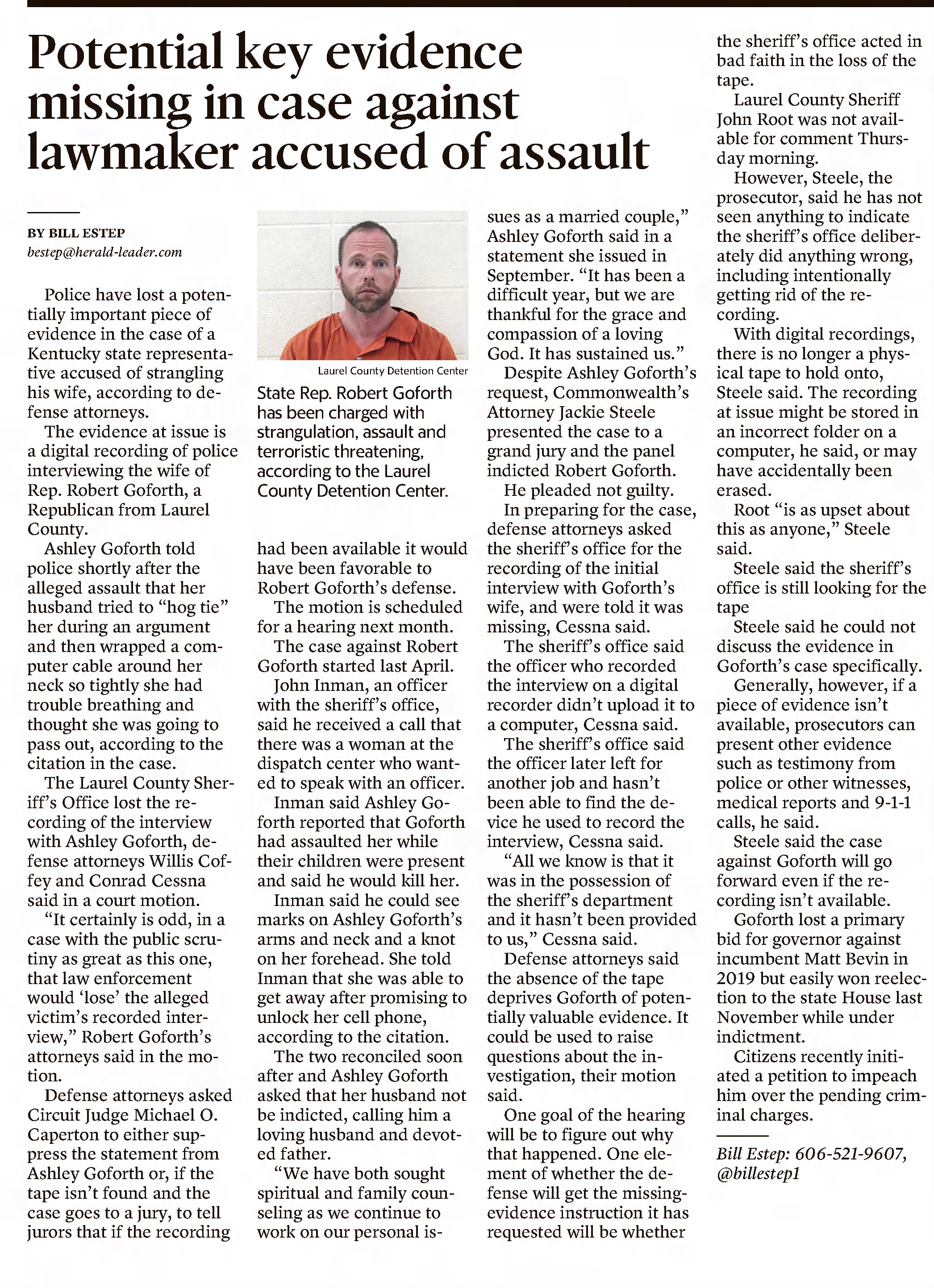 Lexington Herald-Leader
Lexington, Kentucky &middot; Friday, January 15, 2021
Police lose key evidence in strangulation case